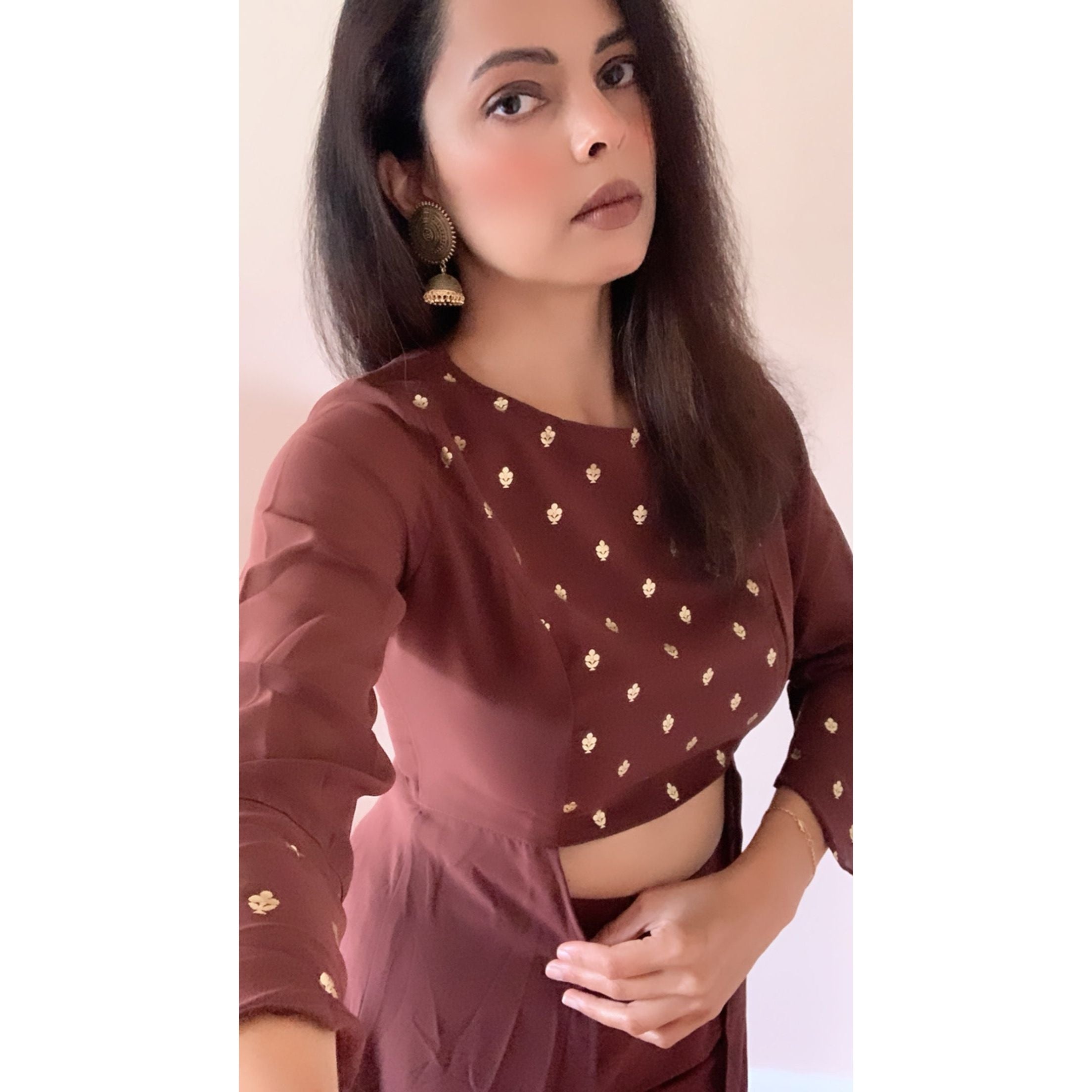Elegant Brown & Gold 2-Piece Indian Fusion Outfit Set for Women | Ethnic Party Wear | Wedding Guest Outfit | Festival Fashion | Diwali & Holi Celebration Attire