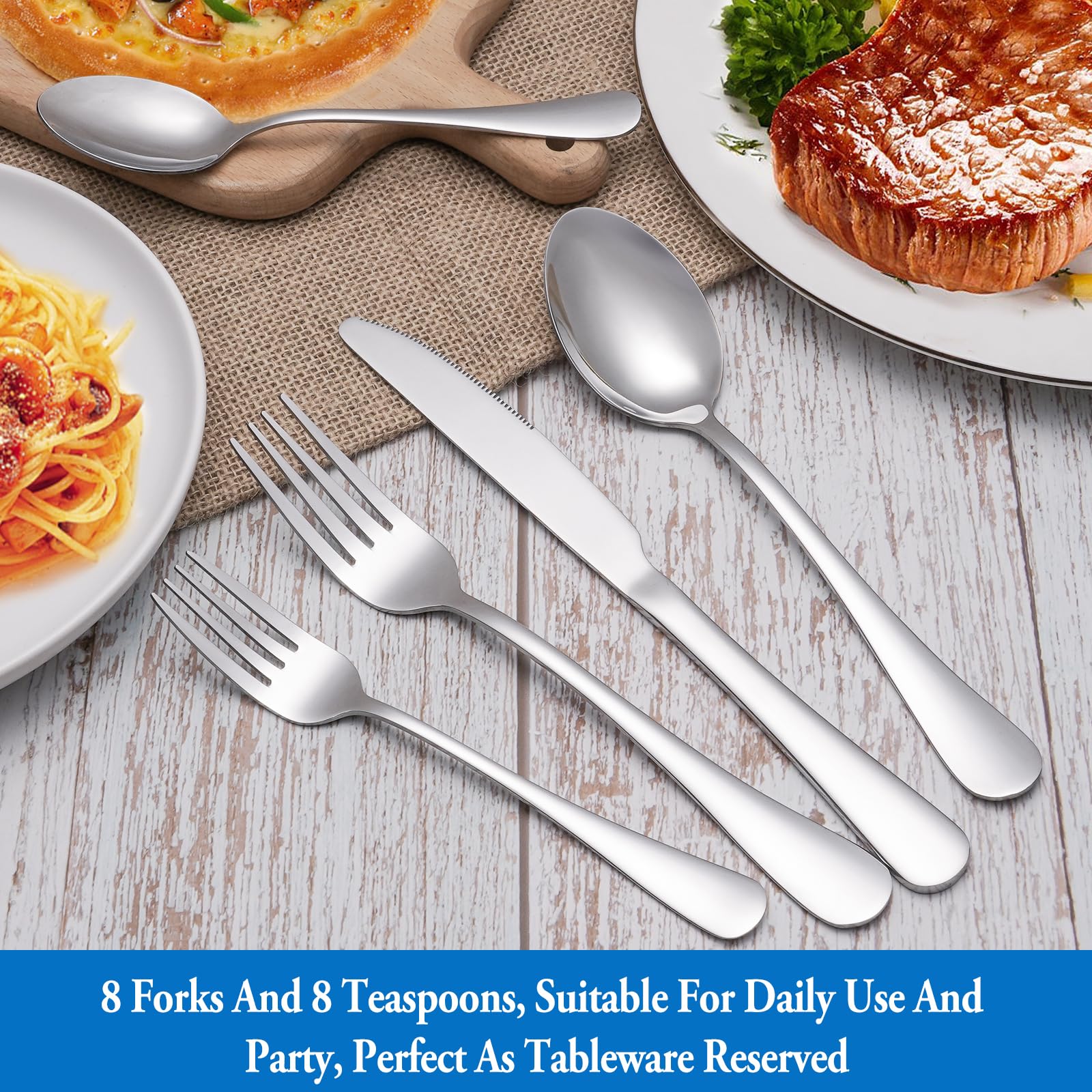 16-Piece Stainless Steel Flatware Set - 8 Dinner Forks (8 inch) & 8 Teaspoons (6.5 inch) - Mirror Polished, Dishwasher Safe, Food Grade Cutlery for Home, Kitchen & Restaurant Use - Perfect for Dining, Parties & Catering Events