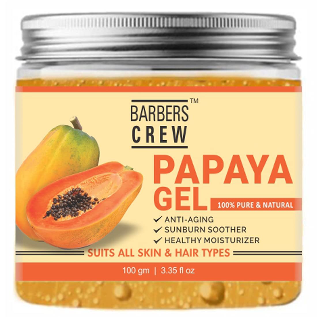 BARBERS CREW Pure & Organic Papaya Soothing Gel for Face, Skin & Hair - Multipurpose Beauty Gel for Hydration & Repair | Paraben & Sulfate Free, 3.5 oz (100g) | Perfect for Daily Skincare, After Shave & Hair Treatment