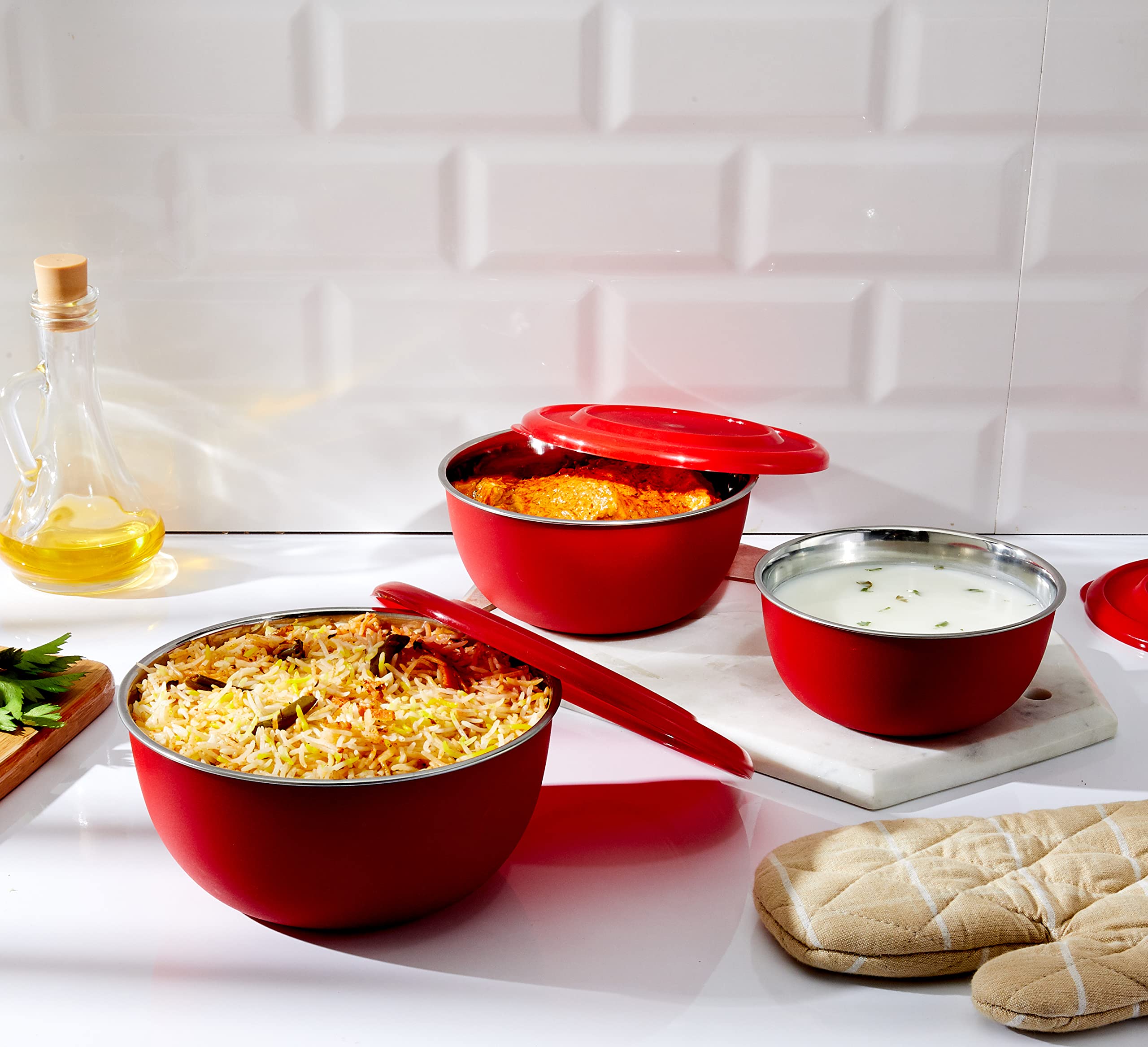 Solimo Stainless Steel Mixing Bowls Set of 3 (500ml, 750ml, 1250ml) - Microwave Safe, No Lids, Red - Perfect for Baking, Meal Prep & Food Storage