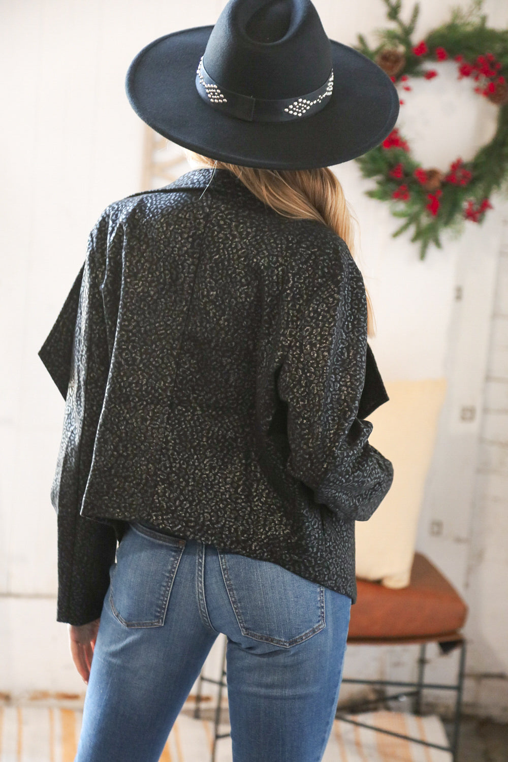 Black Matte Foiled Cheetah Print Blazer Jacket for Women - Holiday Party Outfit, Office Wear & Special Occasions