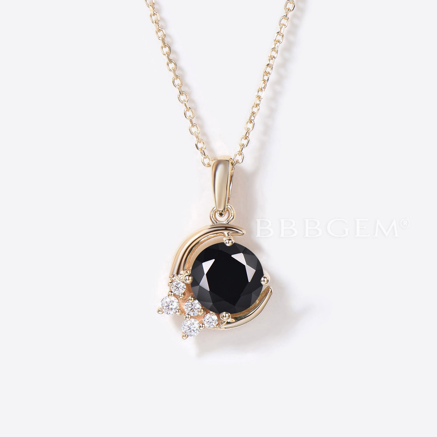 Black Onyx Round Cut Moon Pendant Necklace with Diamond Cluster in 14K Yellow Gold - Elegant Jewelry for Evening Wear & Special Occasions