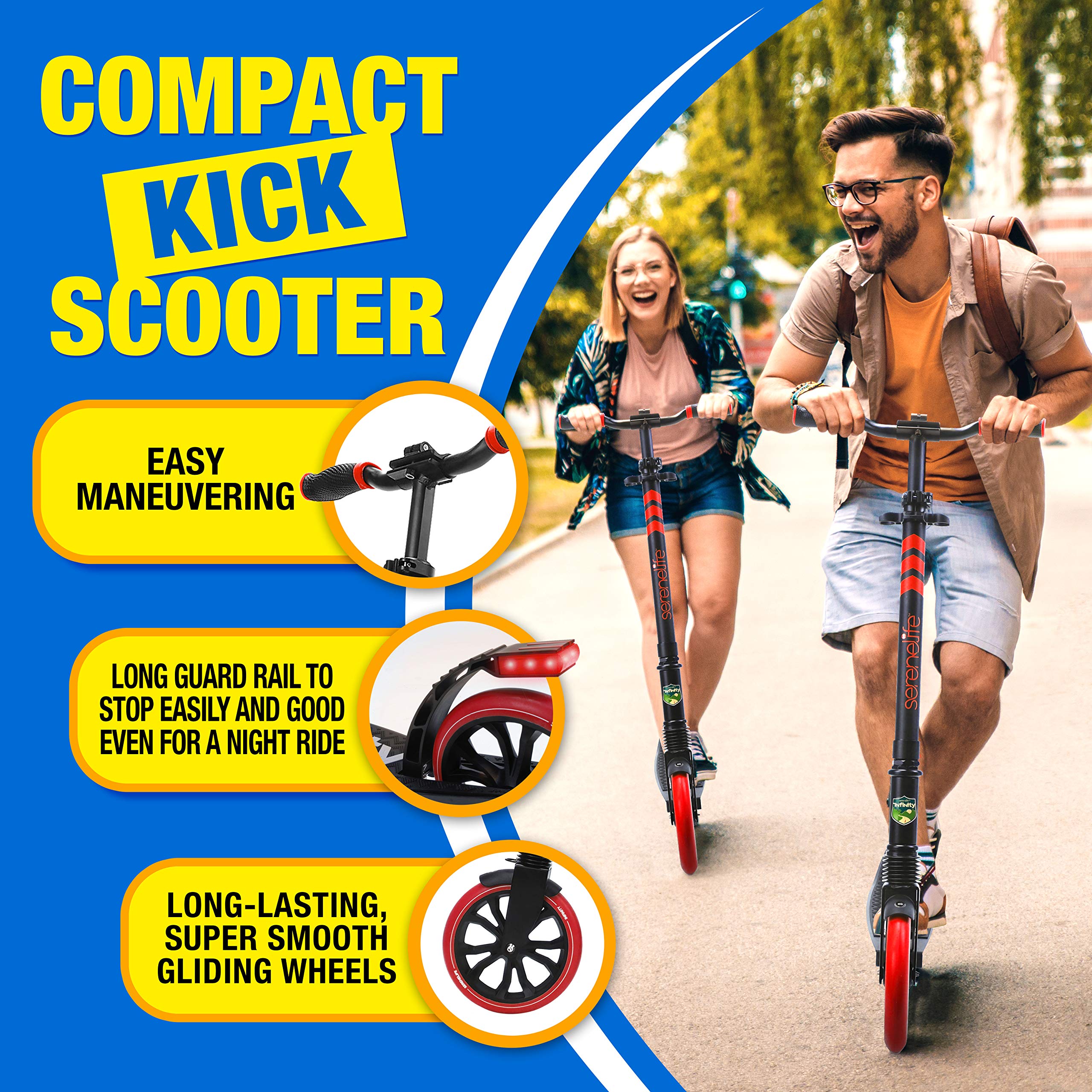 **SereneLife Adjustable Kick Scooter for Adults, Teens & Kids - 2-Wheel Folding Scooter with Anti-Slip Alloy Deck & T-Bar Handlebar - Portable Design with Carrying Strap - Perfect for Commuting, School & Outdoor Fun**