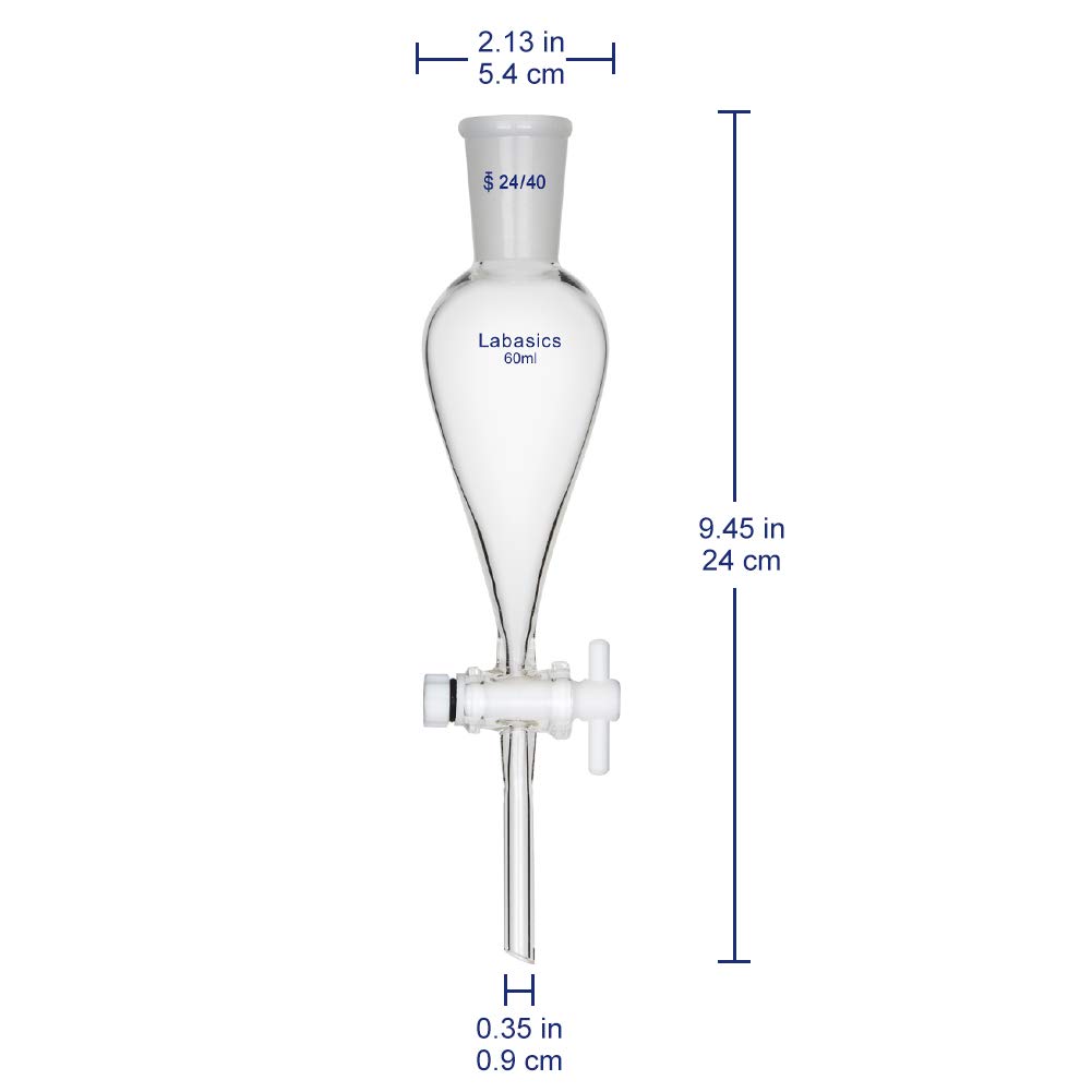 Labasics 60ml Borosilicate Glass Conical Separatory Funnel with PTFE Stopcock - Premium Lab Equipment for Chemical Extraction, Liquid Separation & Essential Oil Distillation (Perfect for Chemistry Labs, Home Brewing & DIY Essential Oils)