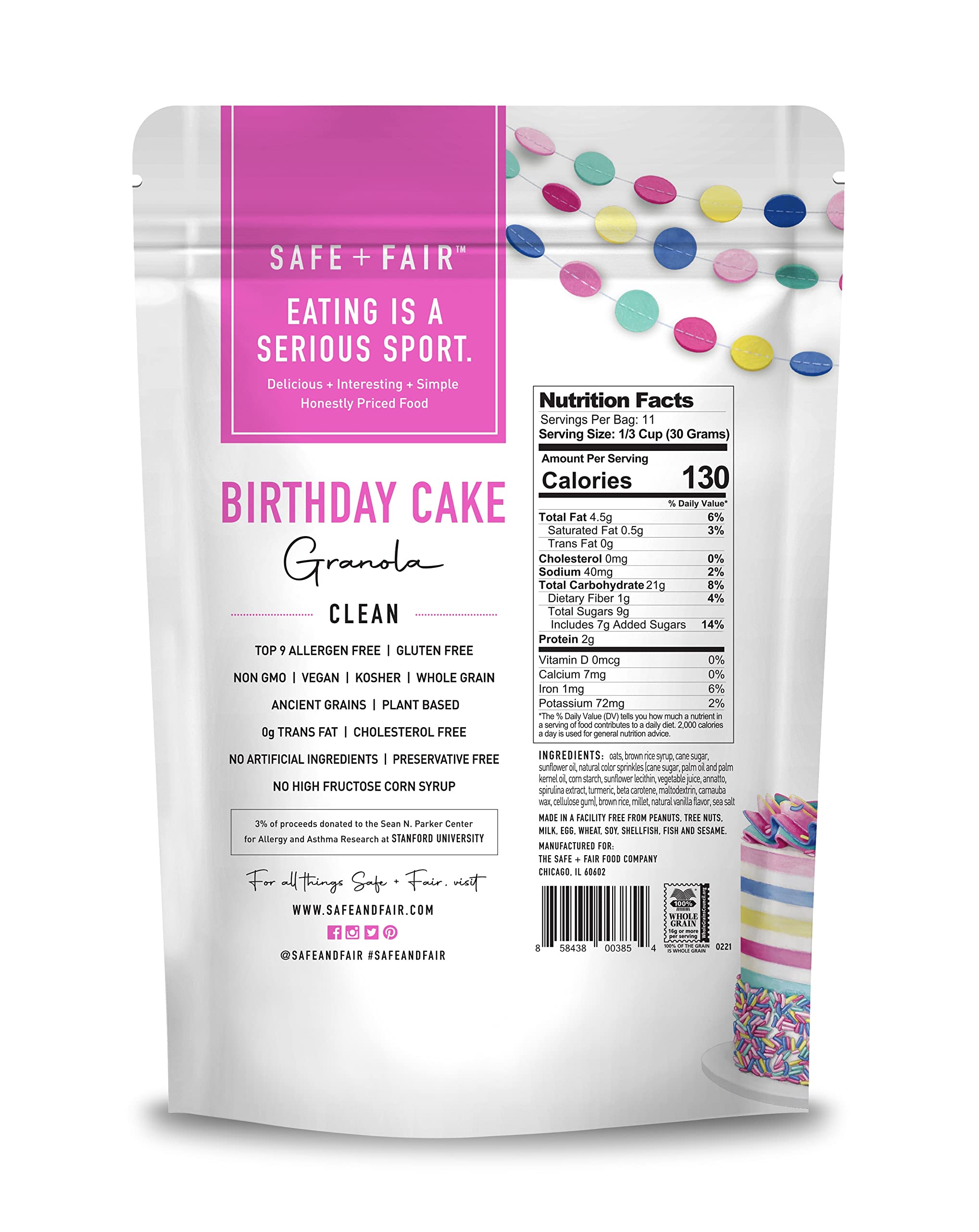 Safe + Fair Birthday Cake Granola – Gluten-Free, Vegan & Plant-Based Snack with Natural Sprinkles – 0g Trans Fat, Non-GMO, Kosher, Allergen-Free, Whole Grain - 12oz (6 Pack) – Perfect for Breakfast, Office Snacks & Healthy Party Treats