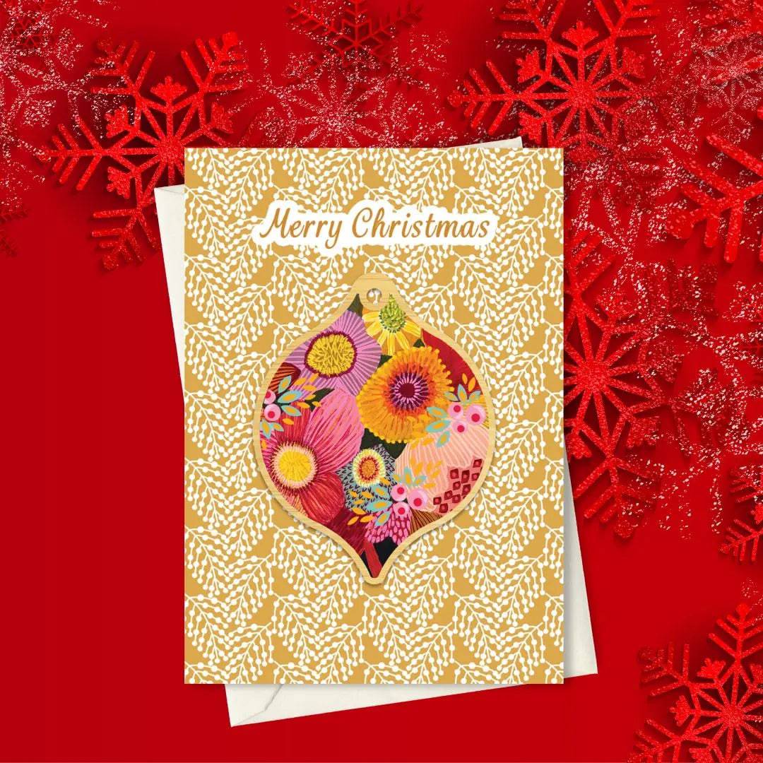 Golden Bunch Australian Christmas Card & Bauble - Festive Holiday Greeting Card with Ornament for Xmas Tree Decorations, Gift Wrapping & Holiday Home Decor