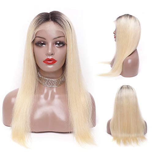 Ombre Blonde Lace Front Wigs 4x4 Closure Brazilian Human Hair #1B/613 Dark Roots Remy Hair Wig - Pre Plucked Hairline, Bleached Knots with Baby Hair, Straight Long Colored Hair for Everyday Wear, Parties & Special Occasions