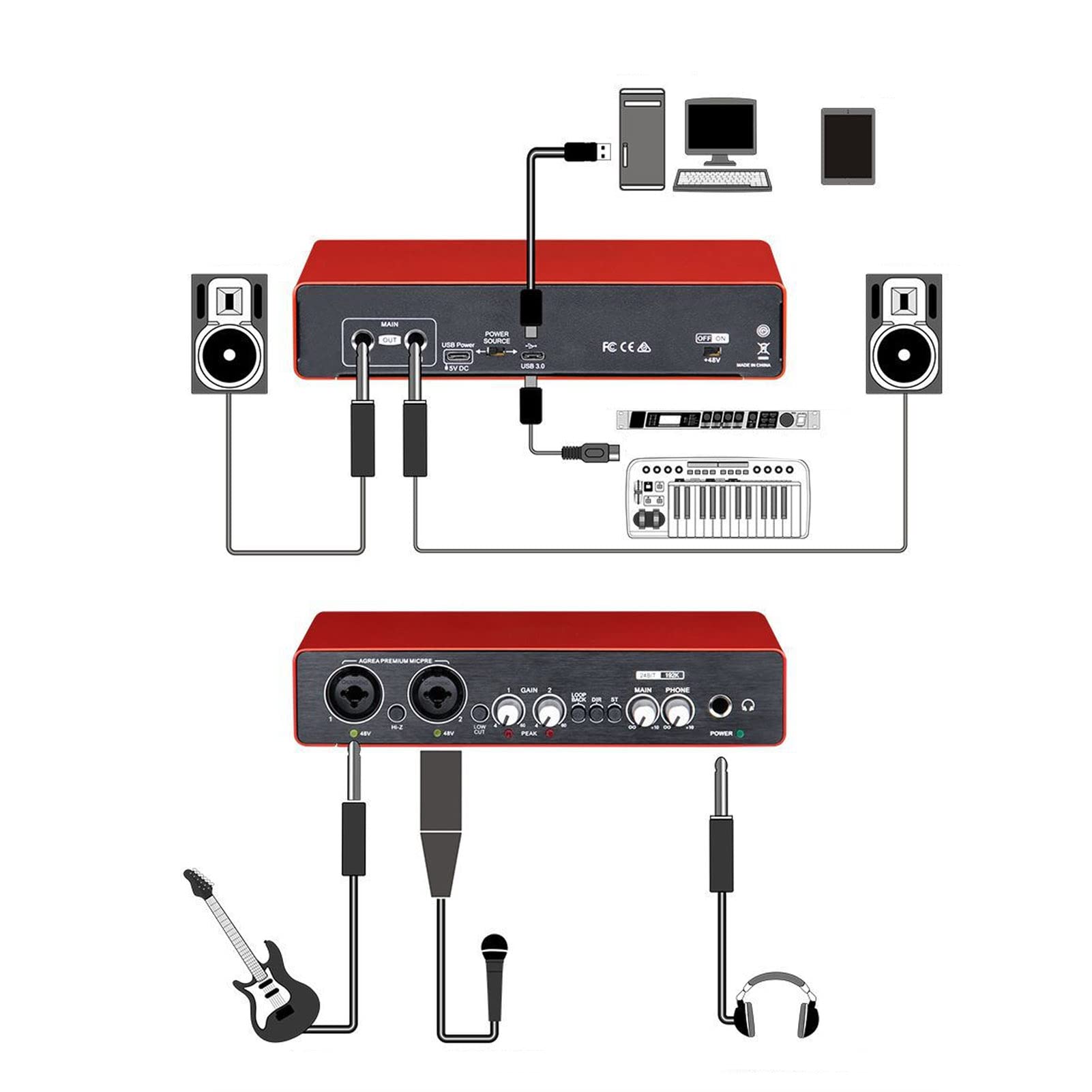 Tangxi USB Sound Card 24 Bit 192kHz HD Audio Interface - External Sound Card for Laptop, PC, Smartphone with Gain Knob & Low Cut High Pass Filter - Perfect for Music Production, Gaming & Streaming
