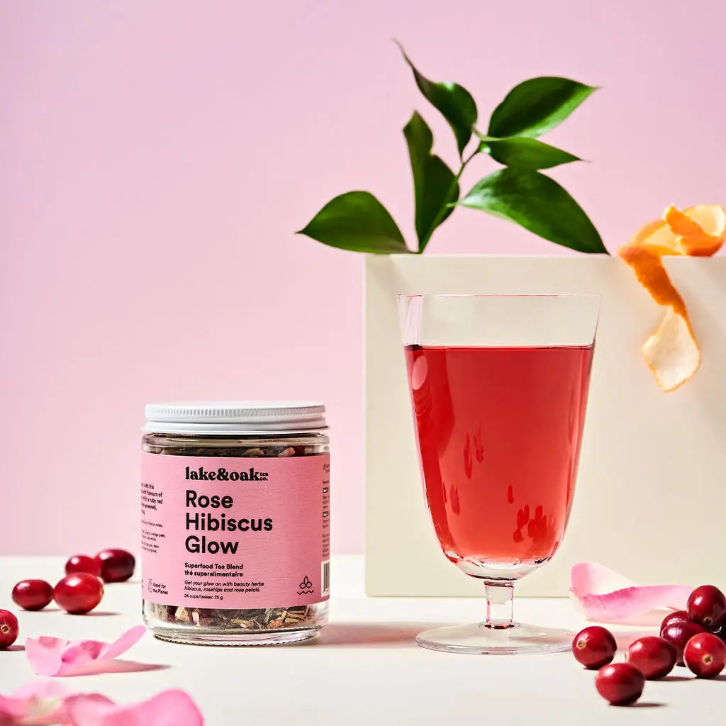 LAKE & OAK Rose Hibiscus Glow Superfood Tea Blend - Antioxidant Rich Herbal Tea for Skin & Wellness - Perfect for Morning Boost, Afternoon Relaxation & Evening Detox