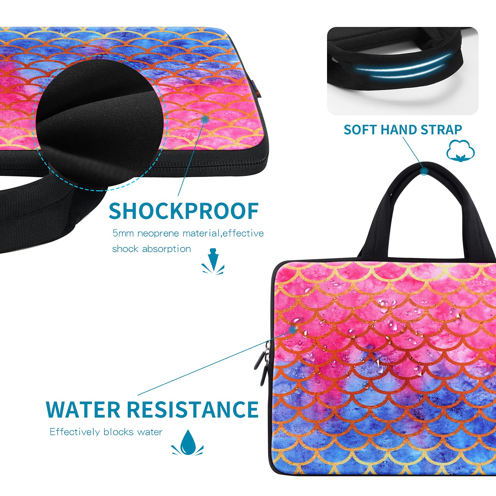 ICOLOR 11-12.5 Inch Laptop Carrying Bag - Neoprene Chromebook Case, Ultrabook Sleeve with Handle, Mermaid Design for Kids & Girls - Perfect for School, Travel, and Work
