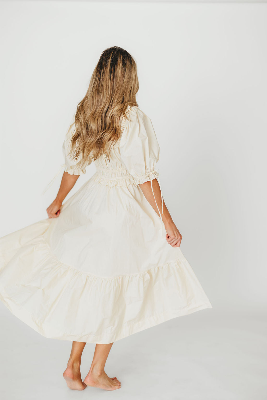 100% Cotton Crissy Ruched Midi Dress in Cream - Bump Friendly Maternity Dress for Pregnancy, Nursing & Postpartum - Perfect for Baby Showers, Date Nights & Special Occasions