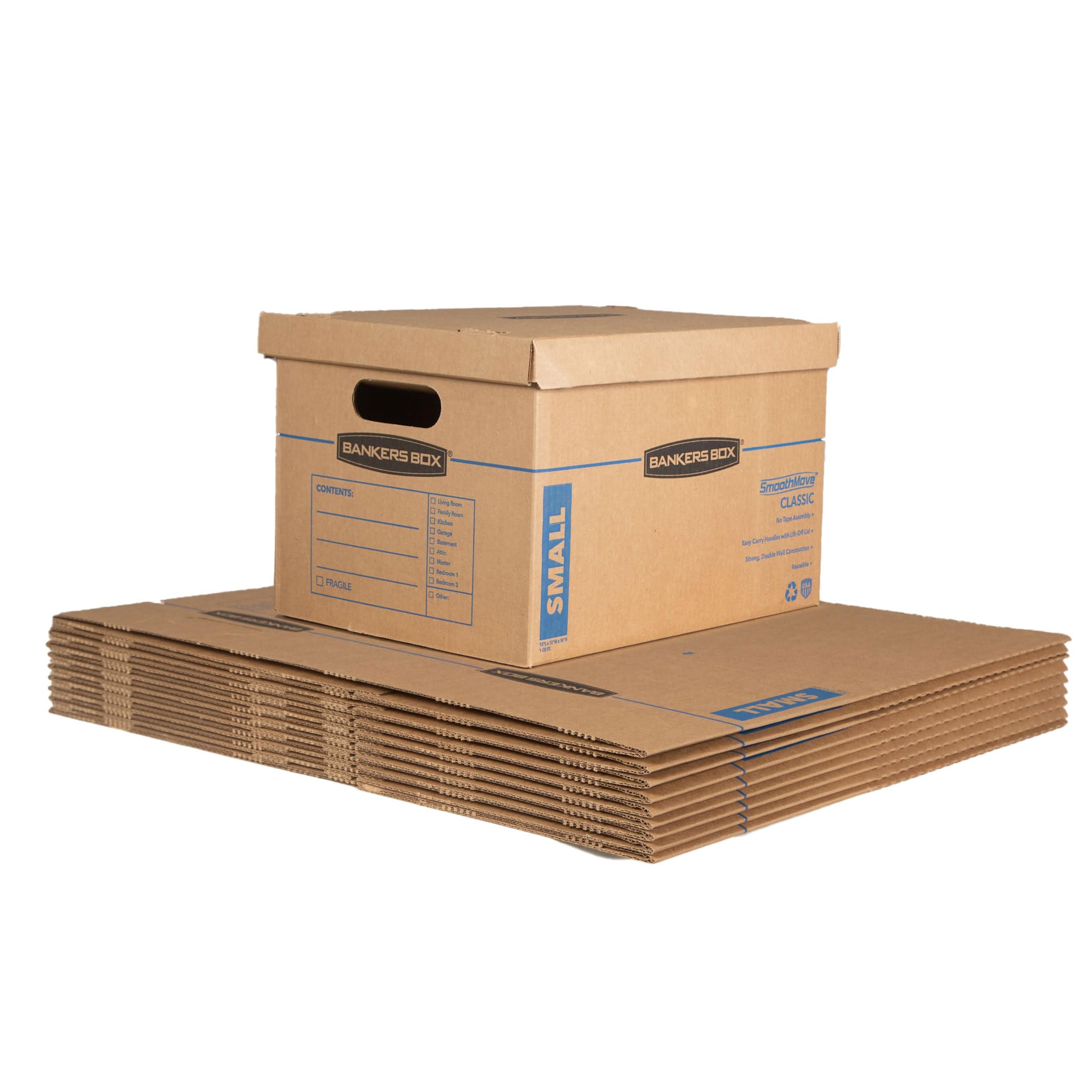 Bankers Box Small Classic Moving Box 10 Pack - Reinforced Handles, Tape-Free Assembly, 15x12x10 Inches with Lid (7714901) - Perfect for Home Office Storage, Moving Supplies & Document Organization