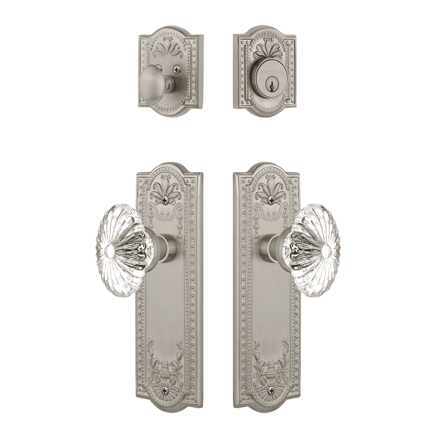 Elegant Meadows Entry Door Handle Set with Oval Fluted Crystal in Satin Nickel Finish - Perfect for Modern Homes & Luxury Apartments