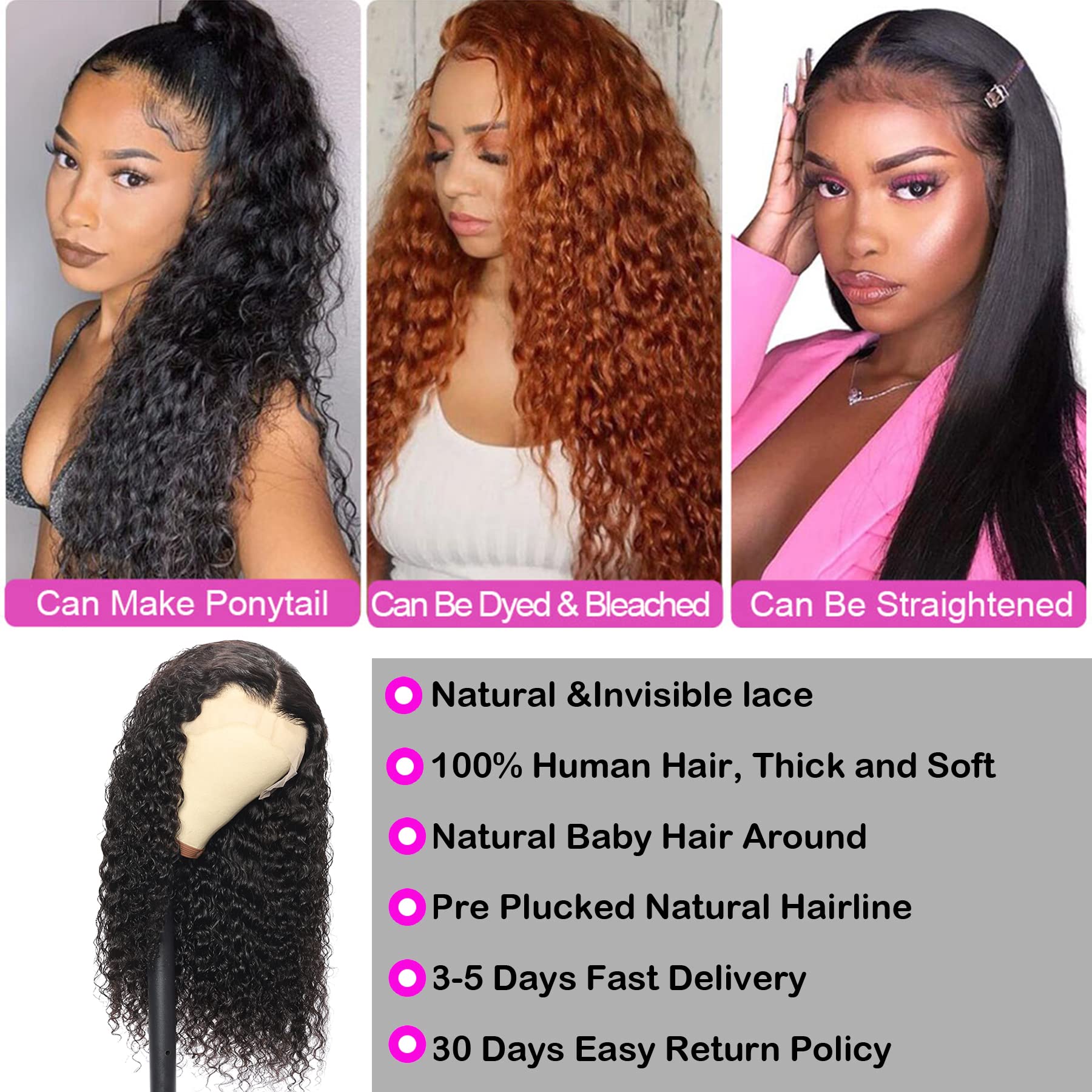 13x4 Deep Wave Lace Front Human Hair Wigs - 180% Density Brazilian Virgin Hair with Baby Hair & Pre-Plucked Hairline for Black Women | Natural Black Curly Wigs (26 Inch) - Perfect for Daily Wear, Special Occasions & Protective Styling