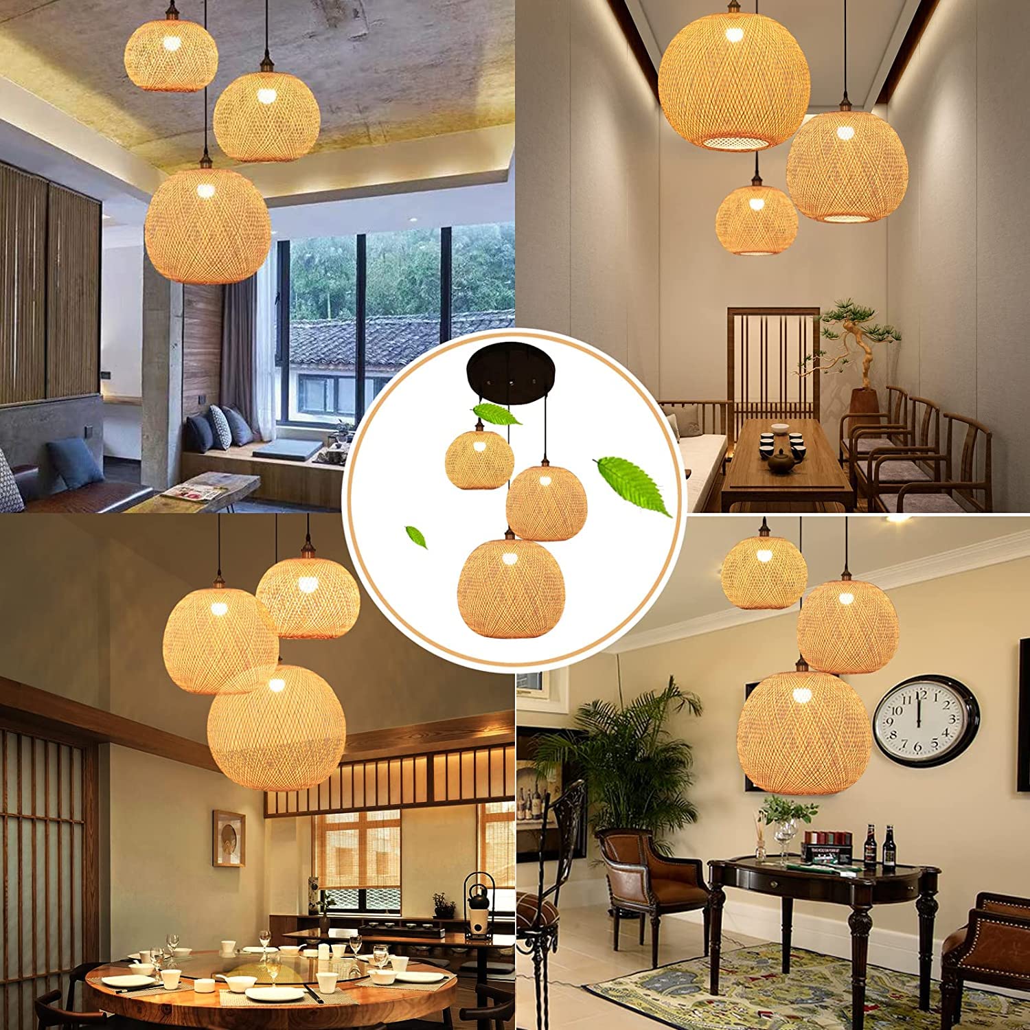 GCQ Bamboo Lantern Pendant Lamp - Retro Japanese Style E27 Chandelier Hanging Light Fixture for Ceiling - Perfect for Living Room, Bedroom, Restaurant, Cafe, Teahouse, Bar & Dining Room | Creates Cozy Ambient Lighting for Relaxation & Dining