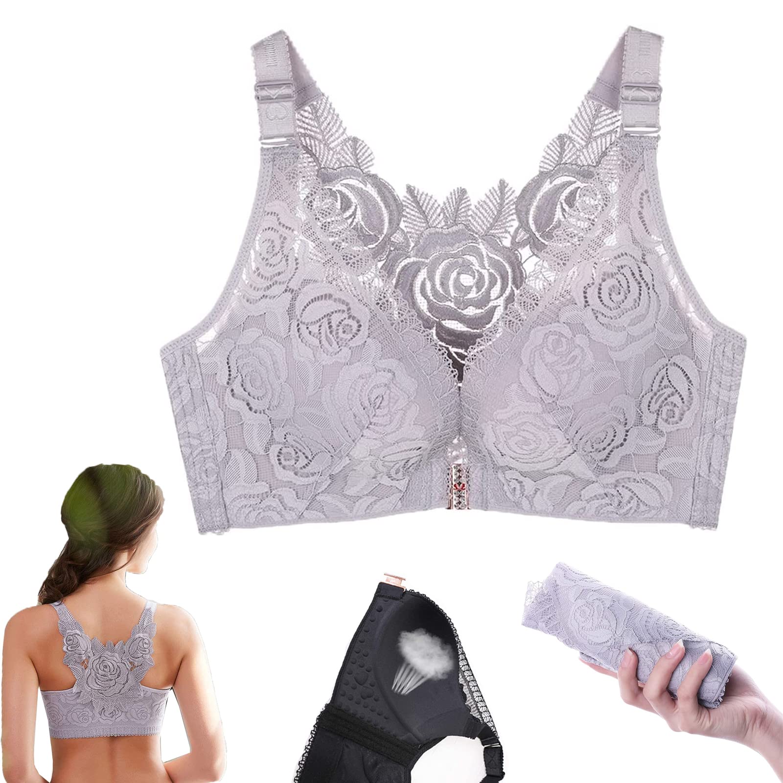 FitMe Rose Embroidery Front Closure Wireless Bra - Floral Lace Comfort Plus Size Bras for Women - Perfect for Everyday Wear, Yoga & Special Occasions