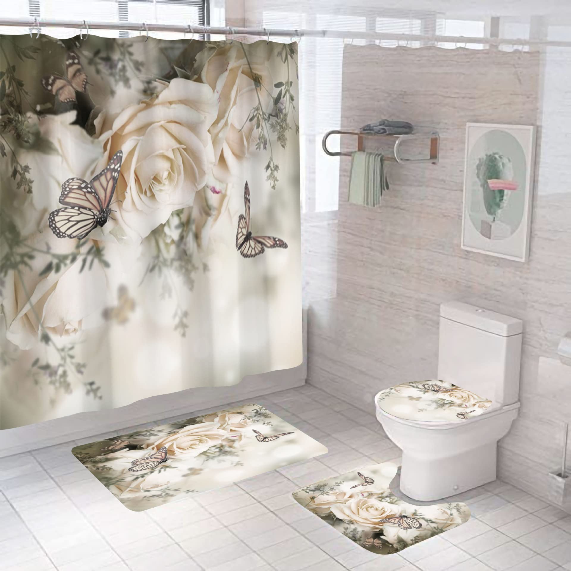 Waterproof Fabric Shower Curtain Liner with Rose Flower & Butterfly Design - 180x180cm Bathroom Decor for Home, Spa & Hotel Use