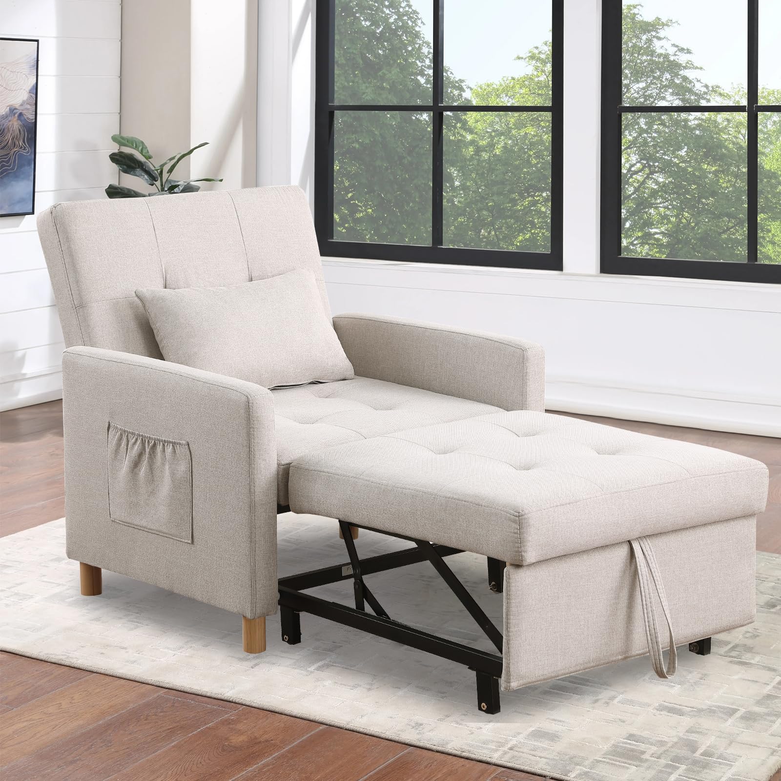 3-in-1 Convertible Tufted Sofa Bed Chair - Adjustable Backrest Single Sleeper with Cushion for Living Room, Office & Small Spaces | Comfortable Guest Bed & Lounge Chair (Beige) - Perfect for Apartments, Dorms & Home Offices