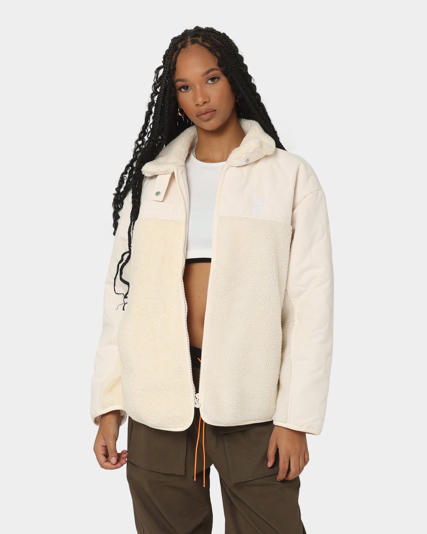 Adidas Women's Sherpa Jacket - Cozy Fleece-Lined Winter Coat for Outdoor Activities, Hiking & Casual Wear - Wonder White
