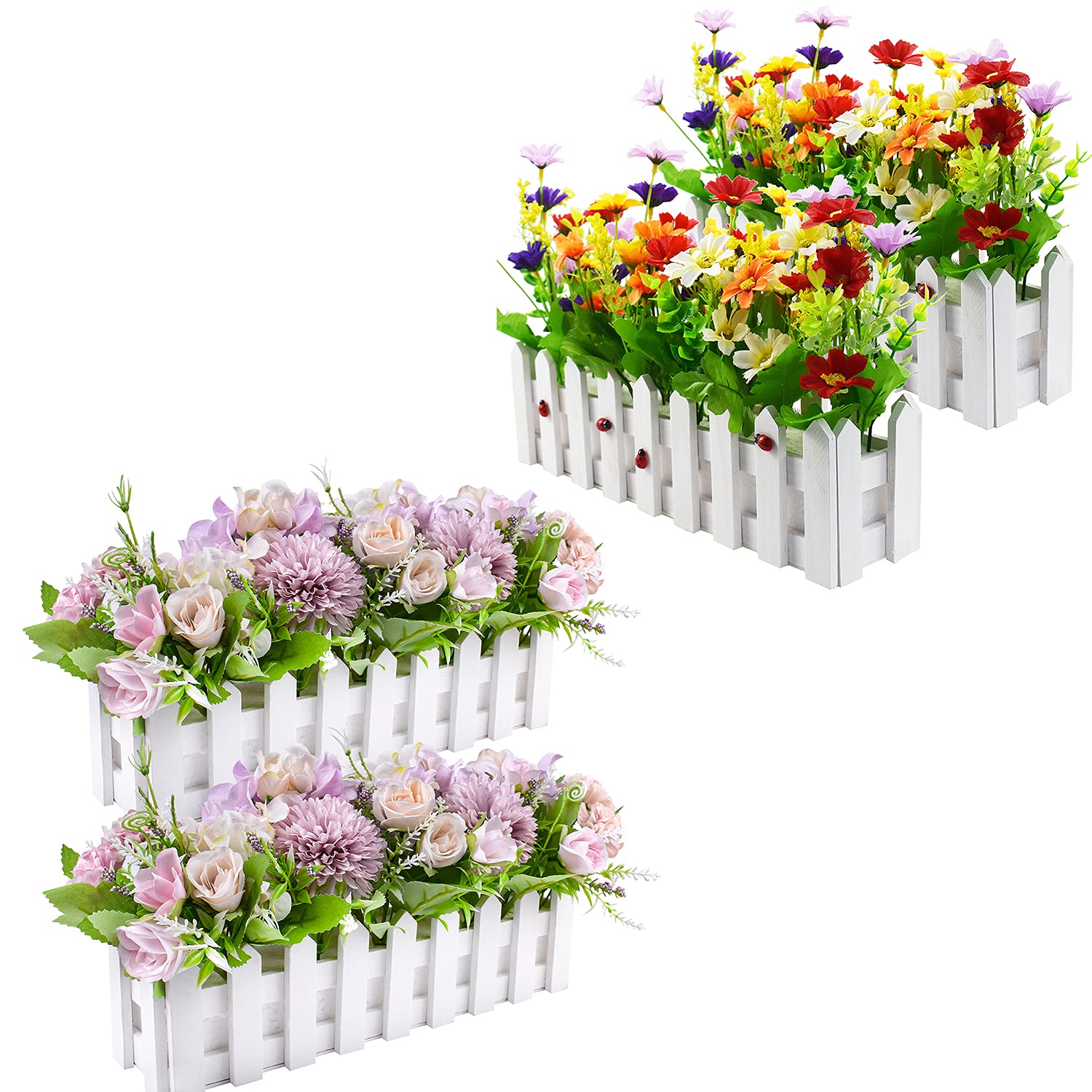 Artificial Flowers in Wood Fence Pot - Realistic Floral Arrangement for Home Decor, Garden, Wedding & Outdoor Decorations