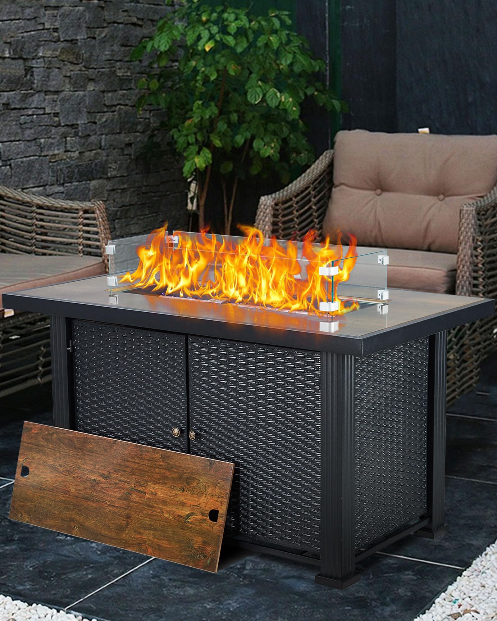 44 Inch Propane Fire Pit Table - 50,000 BTU Outdoor Fire Table with Electronic Ignition, Glass Rocks & Wind Guard - Perfect for Patio, Garden, Backyard & Camping Gatherings