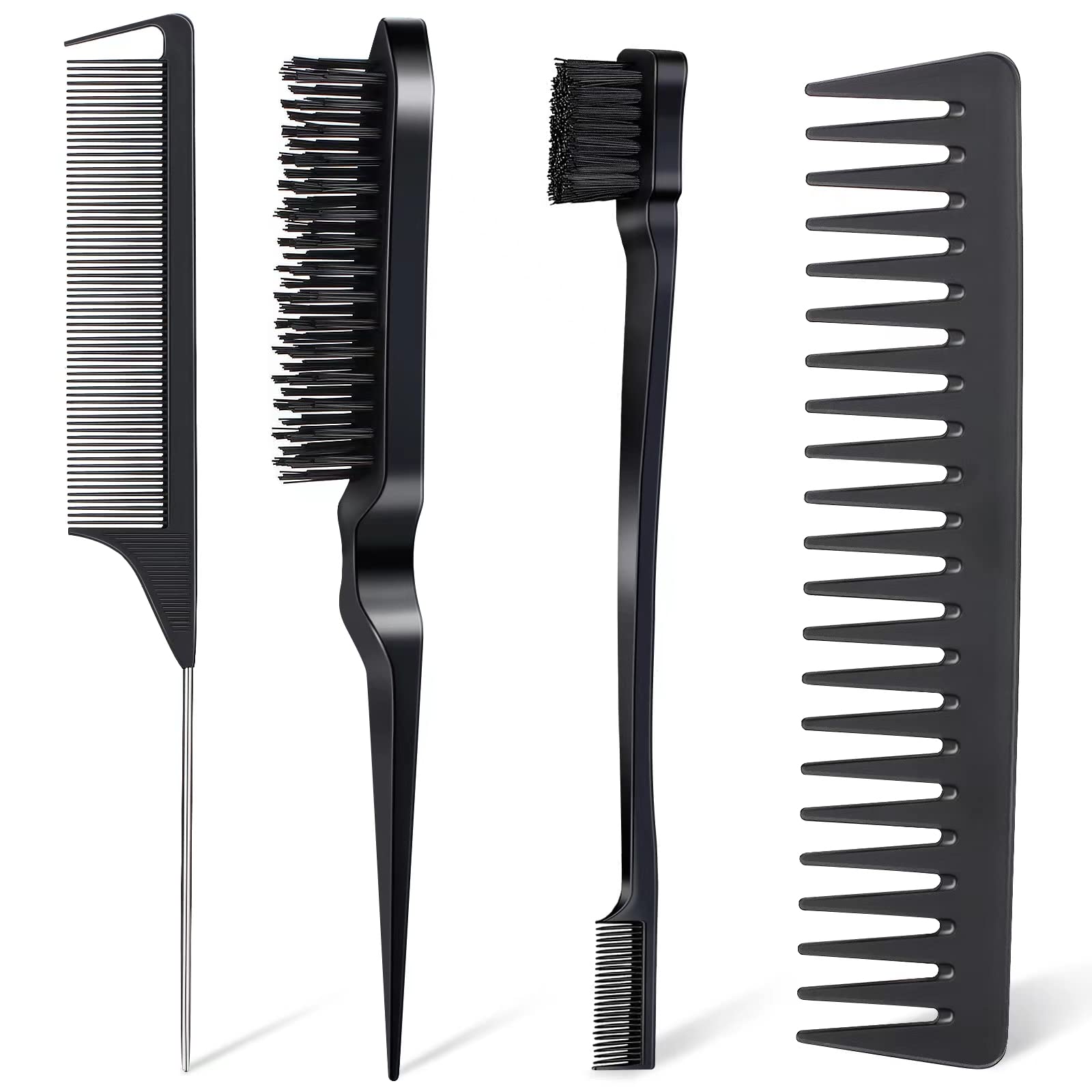 4Pcs Hair Brush Styling Combs Set - Anmieciu Bristle Edge Brush, Teasing Brush, Rat Tail Comb & Wide Tooth Comb for Women, Men & Girls - Detangling, Smoothing & Styling Hair (Black) - Perfect for Salon, Home & Travel Use