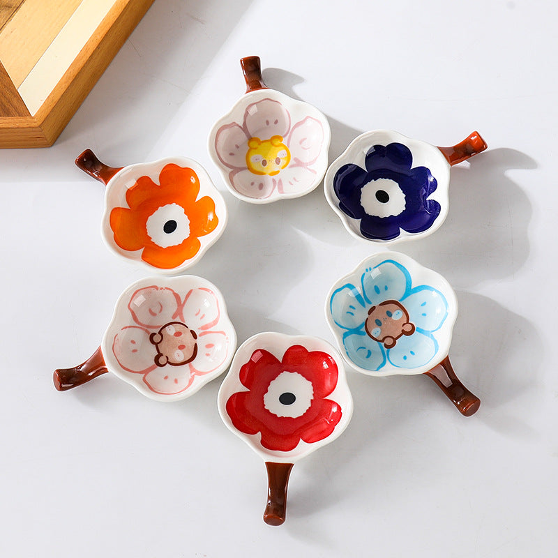 Floral Condiments Dish with Chopsticks Rest - Elegant Ceramic Soy Sauce Plate for Sushi, Dumplings & Asian Cuisine - Perfect for Dining Table, Kitchen & Party Serving