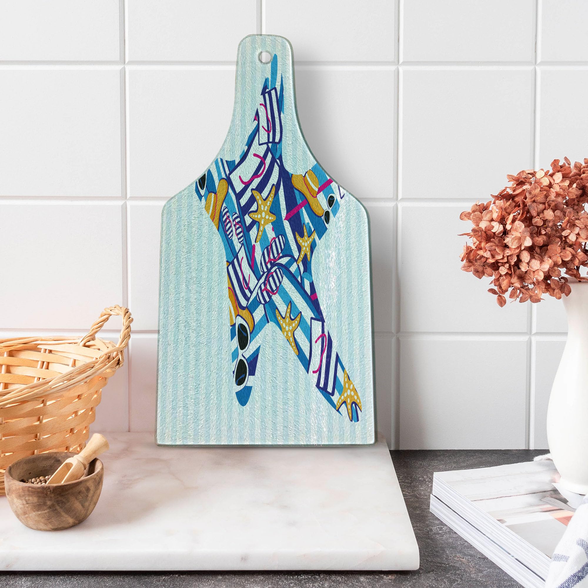 Ambesonne Starfish Tempered Glass Cutting Board - Cartoon Summer Vacation Design with Striped Backdrop - Decorative Serving Board for Cheese, Charcuterie & Wine - Perfect for Beach Parties & Coastal Kitchen Decor