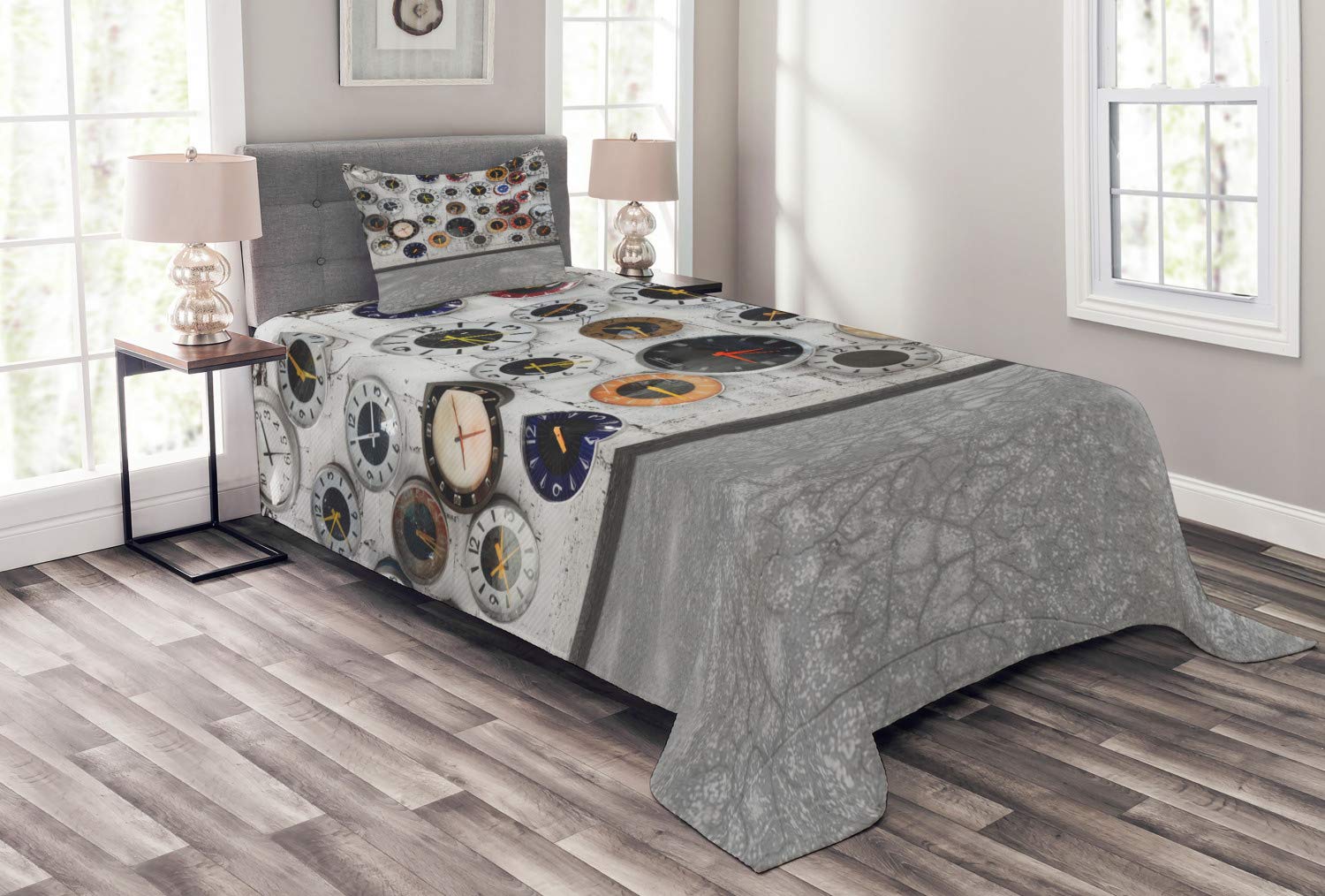 Ambesonne Modern Clock Design Bedspread Set - 2 Piece Quilted Coverlet with Pillow Sham, Twin Size, Multicolor Circular Wall Watch Pattern on Grunge Brick Background | Perfect for Bedroom Decor, Guest Room Styling & Unique Home Gifts
