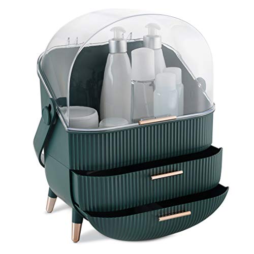 Navaris Makeup Organizer Storage Box - Clear Acrylic Cosmetic & Skincare Organizer with 2 Drawers & Display Lid - Perfect for Bathroom Vanity, Countertop, or Dressing Table (Green)