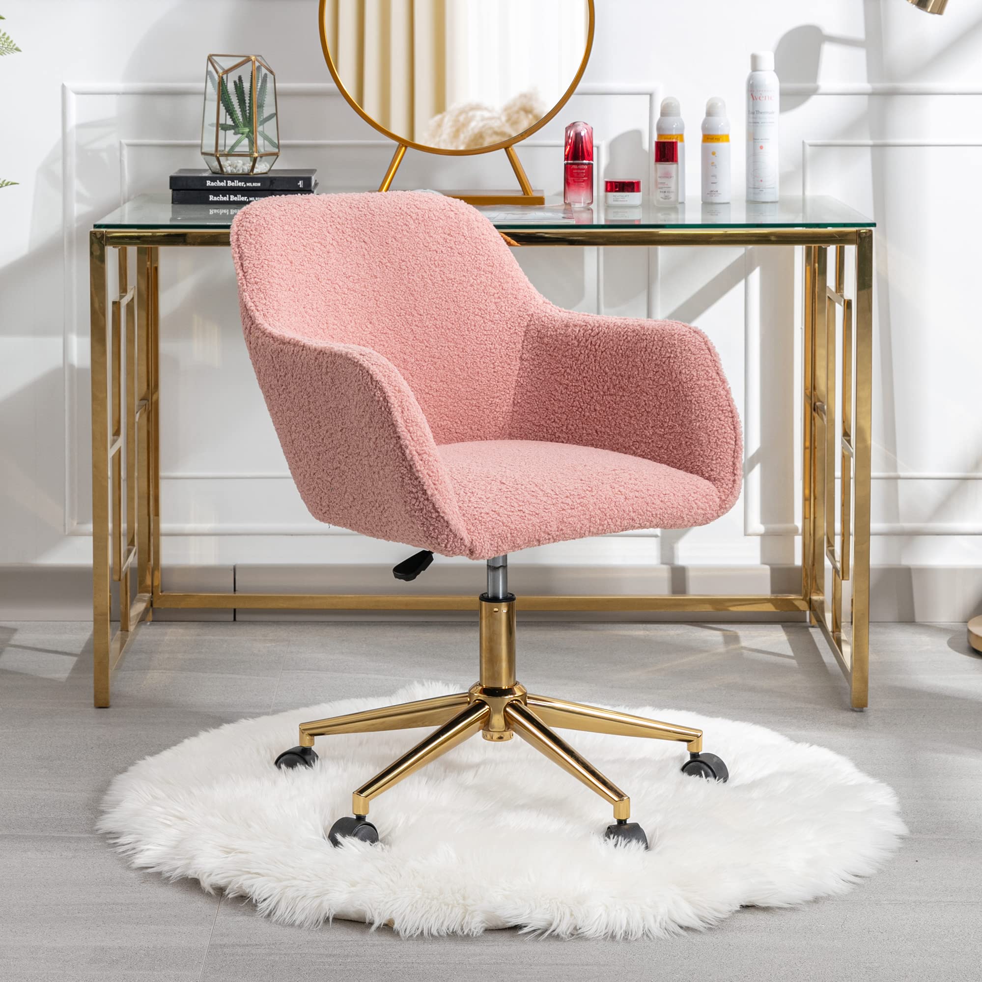 Premium Pink Teddy Fabric Office Chair - Adjustable Swivel Task Chair with Fluffy Upholstery for Home Office, Vanity Desk & Gaming Setup | Ergonomic C-Type Accent Chair for Work, Study & Relaxation