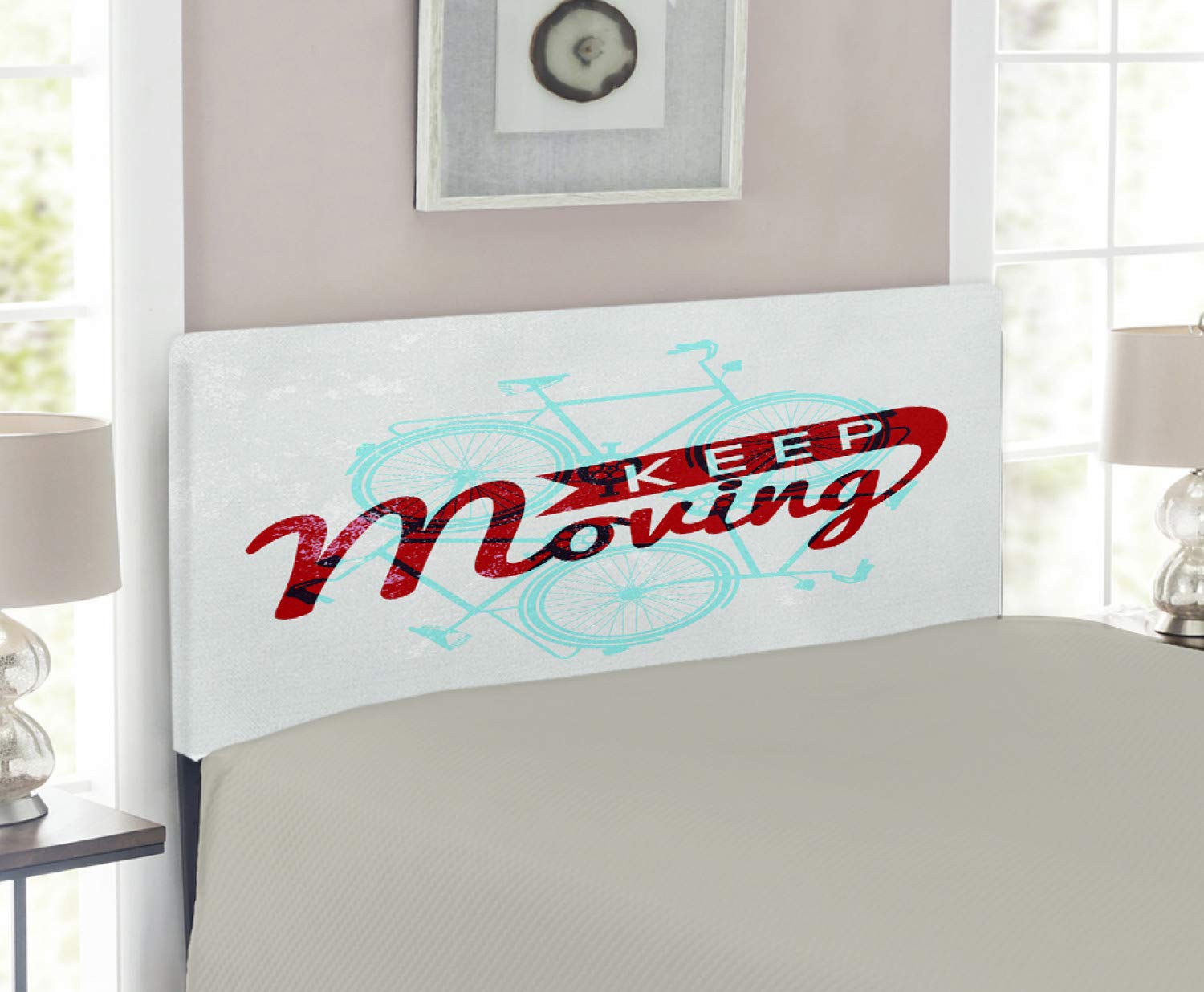 Ambesonne Retro Upholstered Metal Headboard with Memory Foam - Twin Size Sky Blue & Red Coconut Design - Vintage Bicycle Grunge Style for Hipster Bedroom Decor | Perfect for Small Spaces, Dorm Rooms & Bohemian Style Apartments