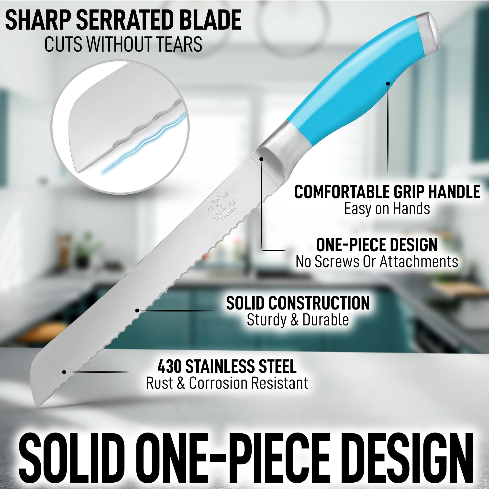 Zulay Premium 8-Inch Serrated Bread Knife - Stainless Steel Blade for Slicing Homemade Bread, Cake, Bagel - Ergonomic 5-Inch Handle with Safety Tip Guard - Perfect for Bakeries, Kitchens & Gift Giving (Blue)