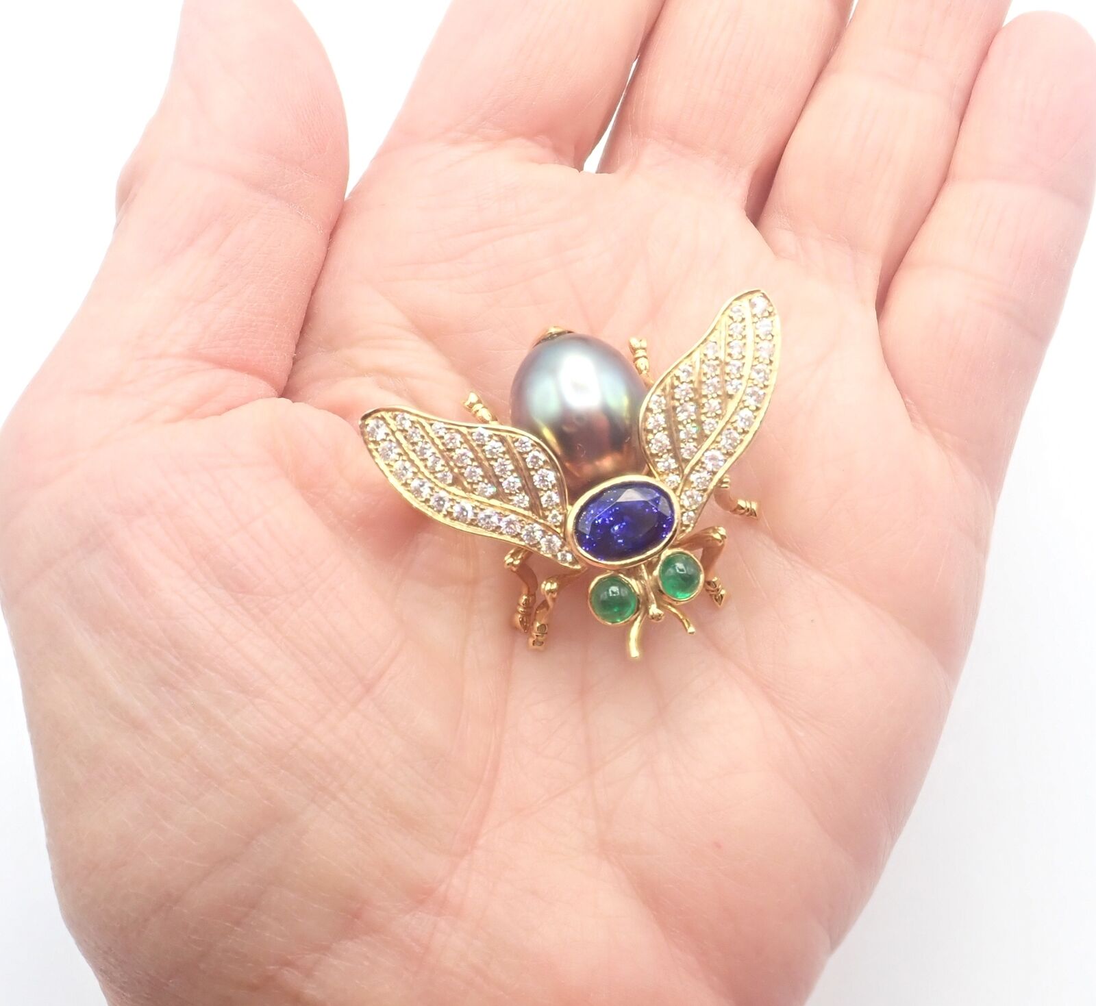 Tiffany & Co 18k Gold Diamond Tahitian Pearl Tanzanite Emerald Fly Pin Brooch - Luxury Jewelry for Women, Perfect for Weddings, Parties & Special Occasions