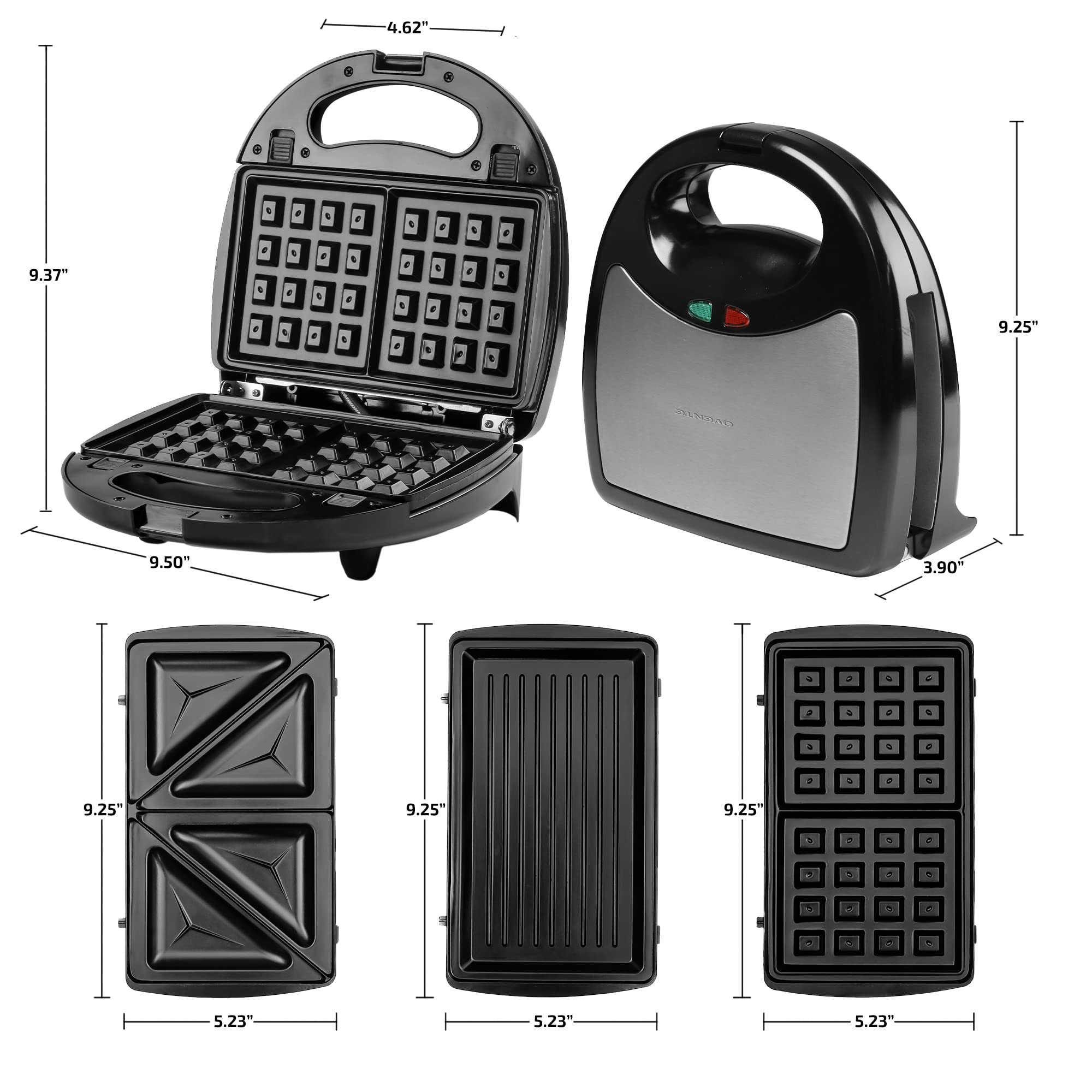 OVENTE 3-in-1 Electric Sandwich Maker & Panini Press Grill with Removable Non-Stick Plates - Waffle Iron for Grilled Cheese, Burgers, Steaks - Perfect for Breakfast, Lunch & Snacks (Black, Model GPI302B)