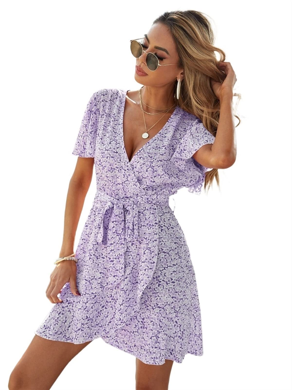 VIYAN Women's Summer Floral Wrap Dress with Flutter Sleeves & Belt - Casual Short Sleeve Dress for Beach, Vacation & Outdoor Parties