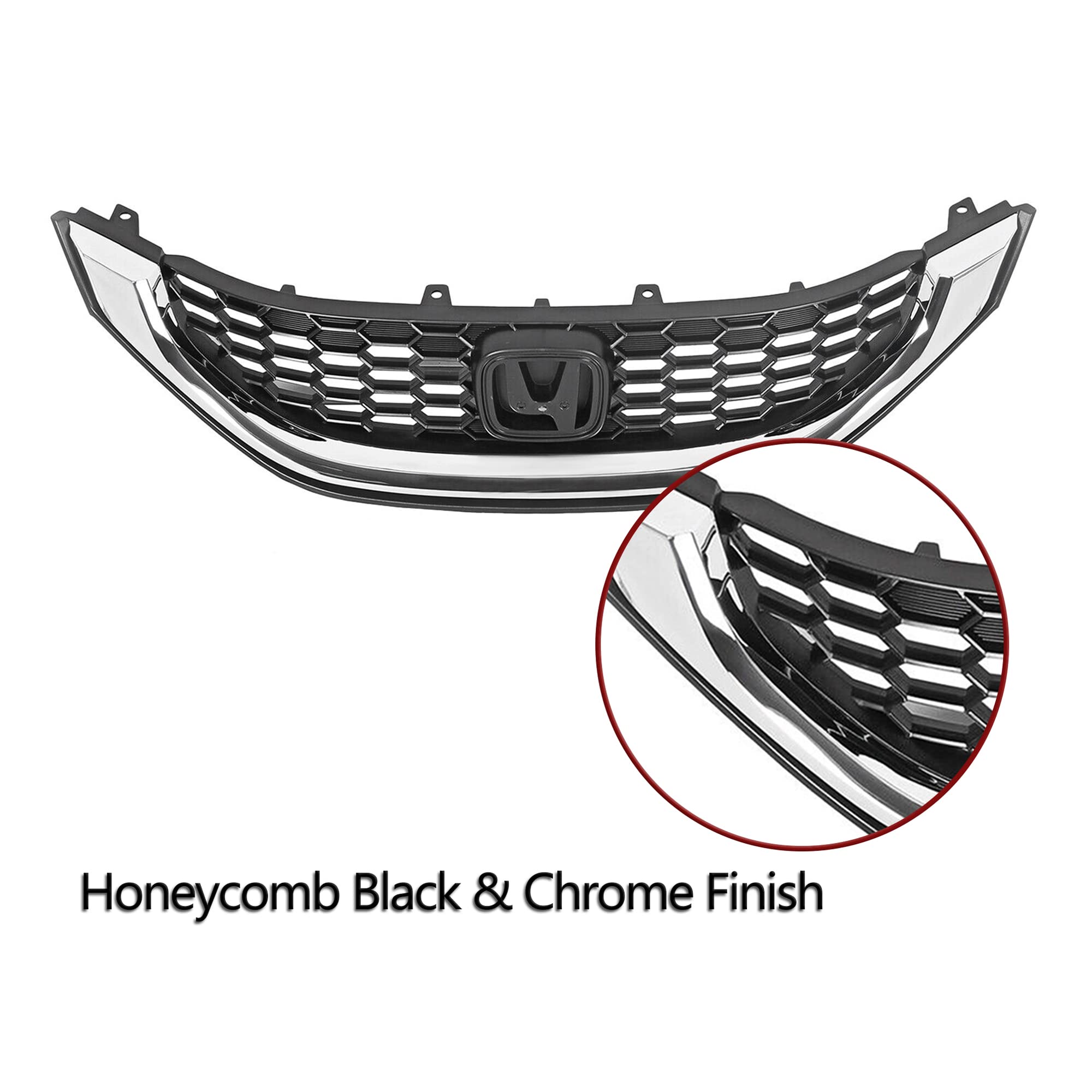 PartsFlow Front Bumper Grille Black with Chrome Honeycomb Grill - Compatible with 2013-2015 Honda Civic Sedan & Coupe | Durable Replacement for Enhanced Vehicle Style & Protection