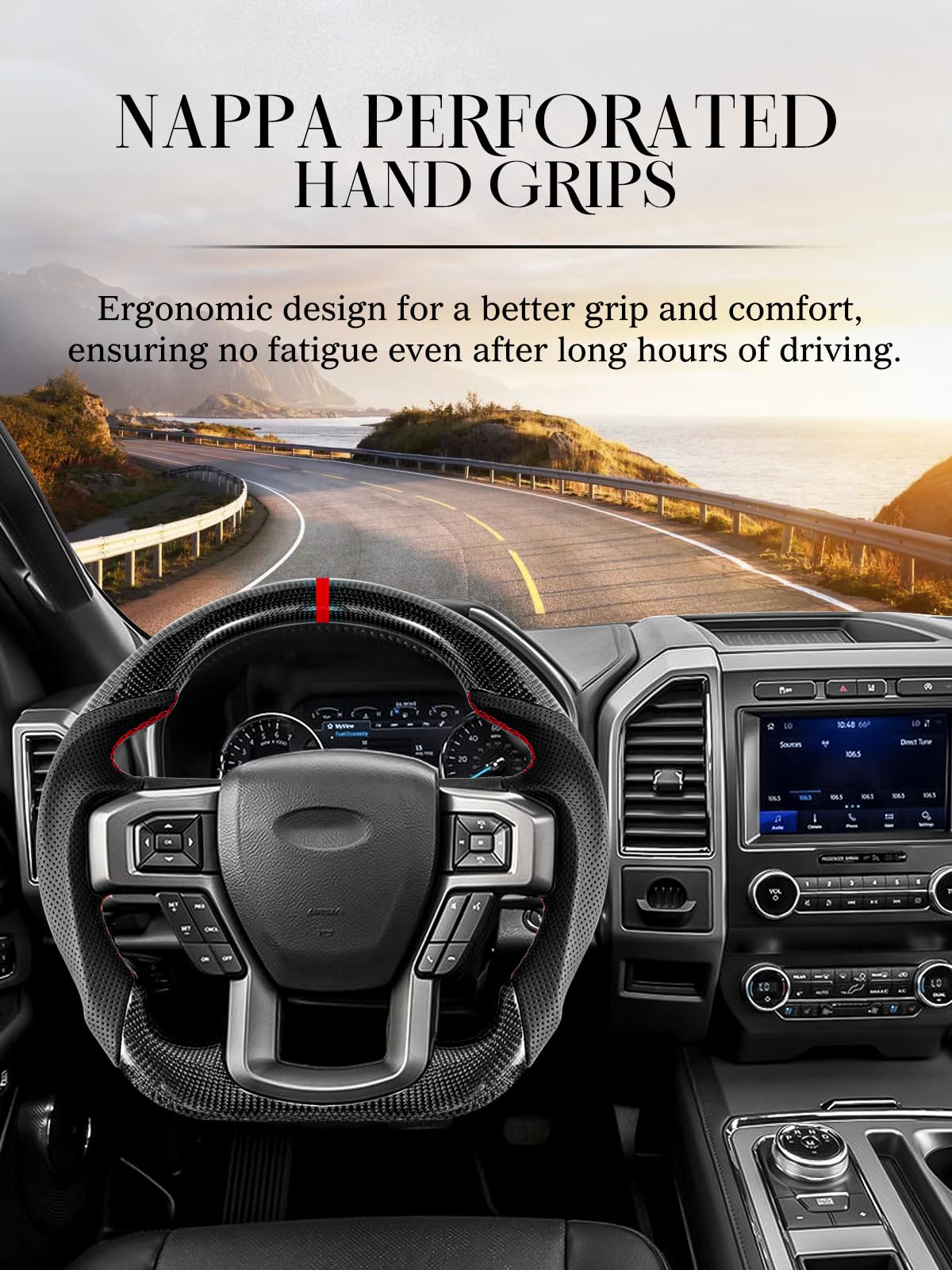 Carbon Fiber Steering Wheel for Ford Raptor 2015-2020 | D-Shaped Flat-Bottom Design | Perforated Leather Grip & Hand-Stitched | Compatible with Paddle Shifters | Upgrade Your Off-Road Driving Experience