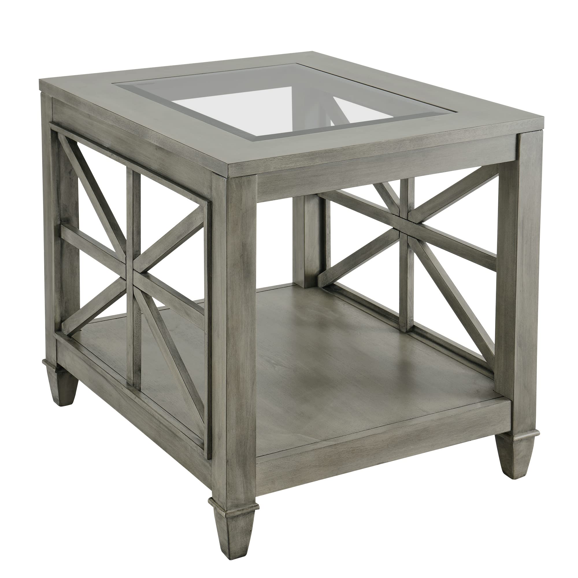 LEEMTORIG Gray Wash Solid Wood Glass End Table - Modern Farmhouse Side Table with Storage Shelf, Rustic Bedroom Nightstand (22.5