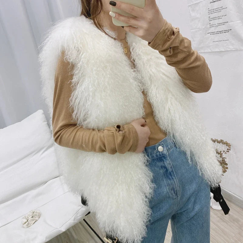 Luxury Thick Warm Mongolian Sheep Fur Vest for Women - 11 Colors, V-Neck Wool Coat | Winter Fashion, Outdoor Activities, Casual & Formal Wear