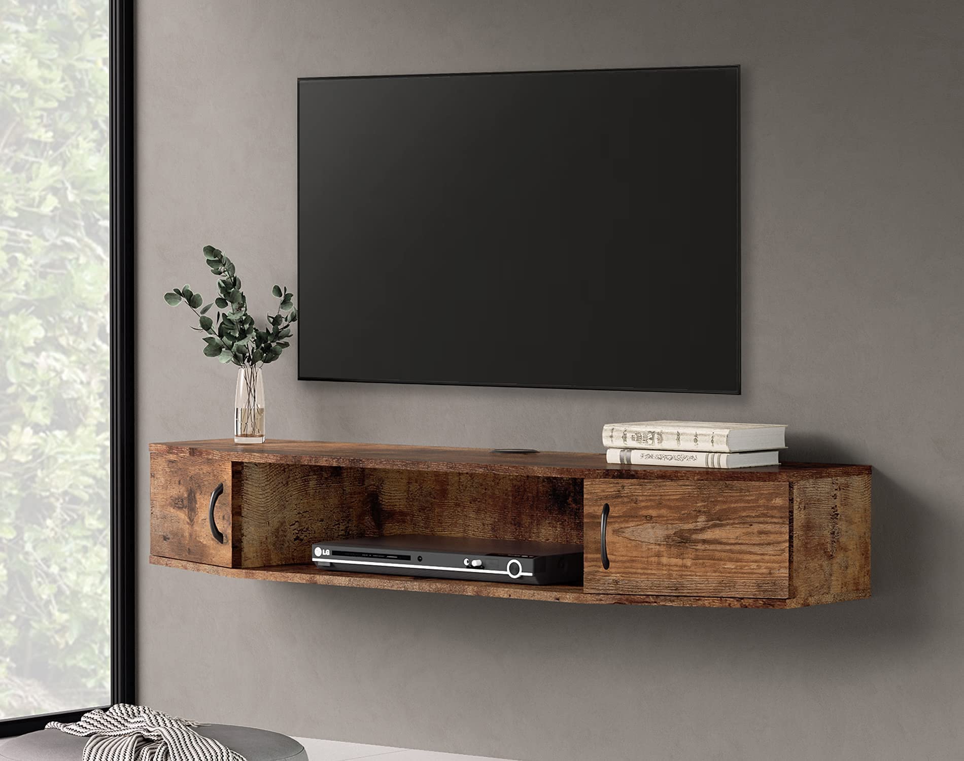 FITUEYES Floating TV Stand - Wall Mounted Entertainment Center with Storage Cabinet, Modern Rustic Brown Media Console for Living Room & Office - Perfect for Space-Saving Home Theater Setup