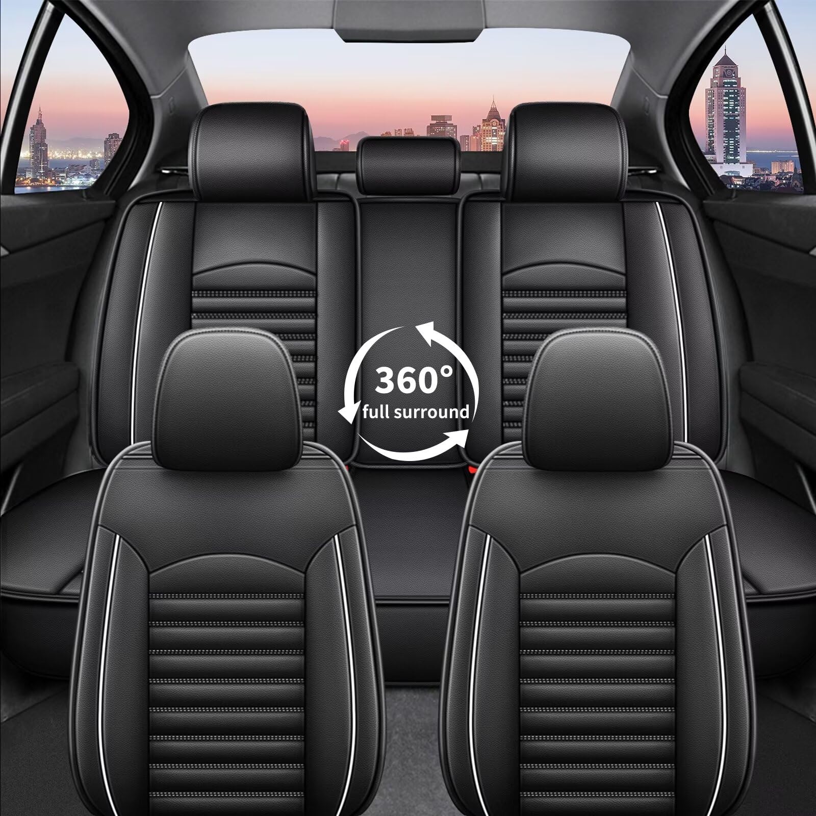 2014-2019 Toyota Corolla Car Seat Covers - Black Faux Leather Full Set (5 Seats) | Airbag Compatible & Waterproof Seat Protectors with White Stitching | Perfect for Daily Commuting, Road Trips & Family Protection