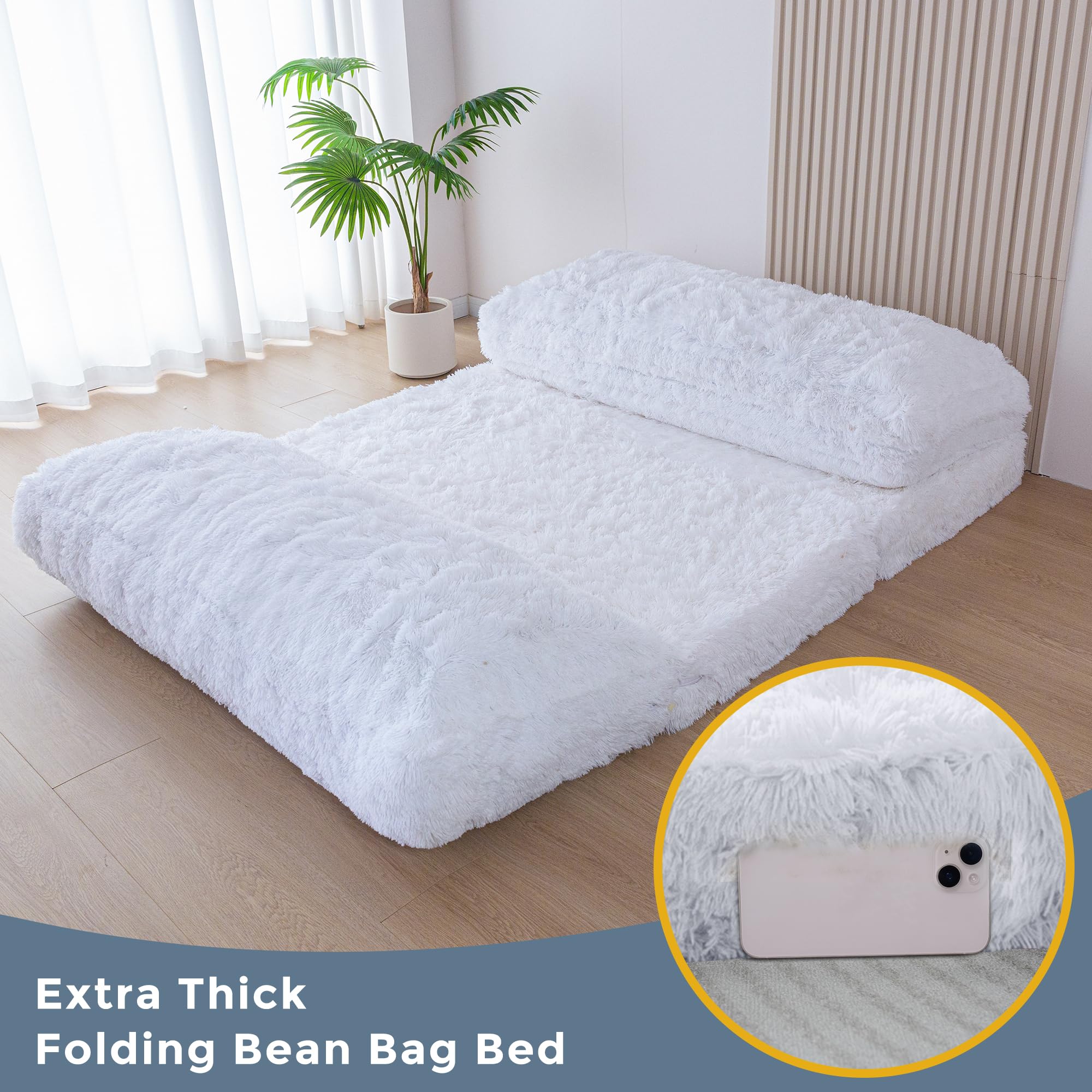 MAXYOYO Faux Fur Bean Bag Chair - Foldable Floor Sofa Bed with Foam Filling, Convertible Wall Couch Sleeper for Living Room, Bedroom & Dorm | White