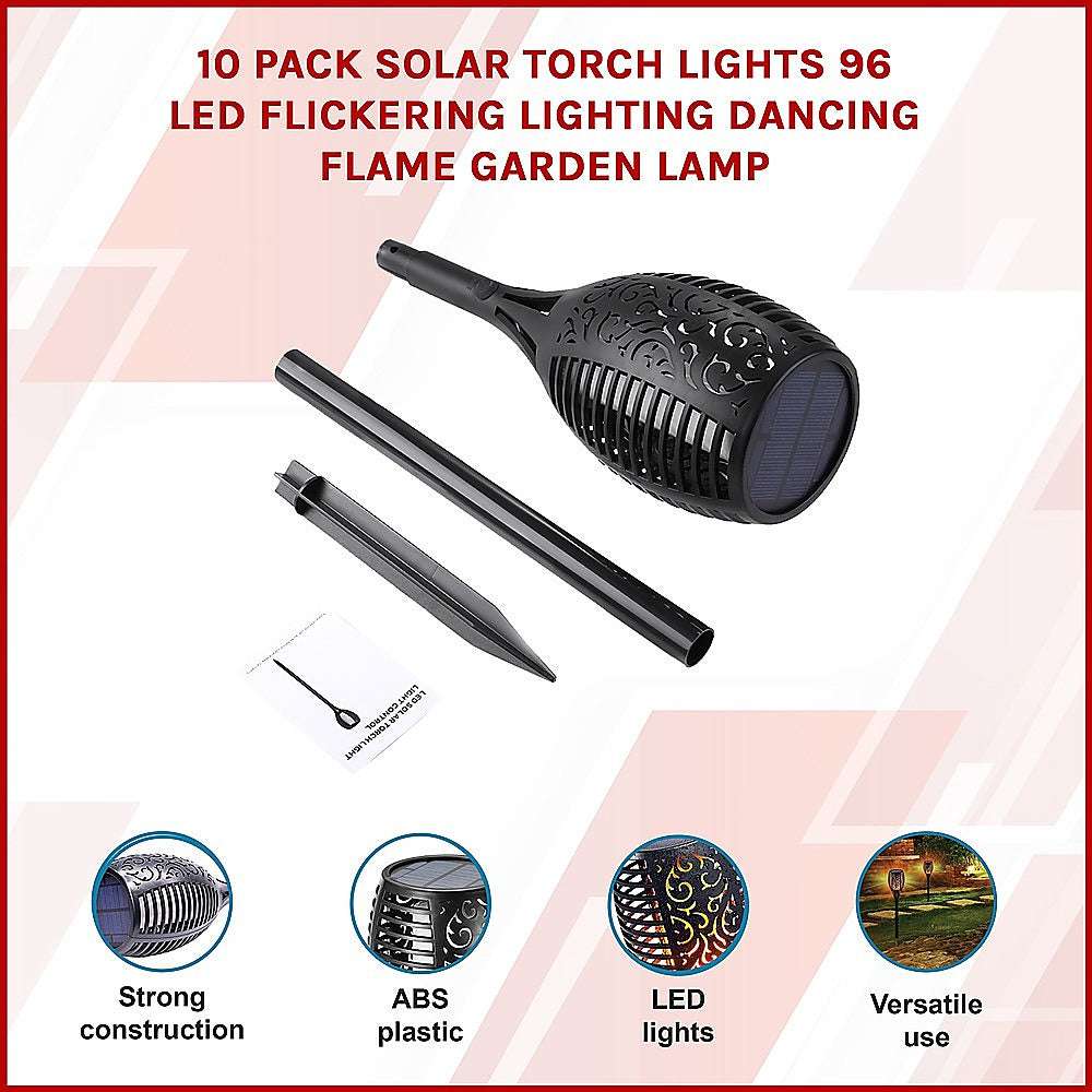 10 Pack Solar Torch Lights - 96 LED Flickering Flame Garden Lights with Dancing Effect | Waterproof Outdoor Landscape Lighting for Patio, Yard, Pathway & Garden Decor
