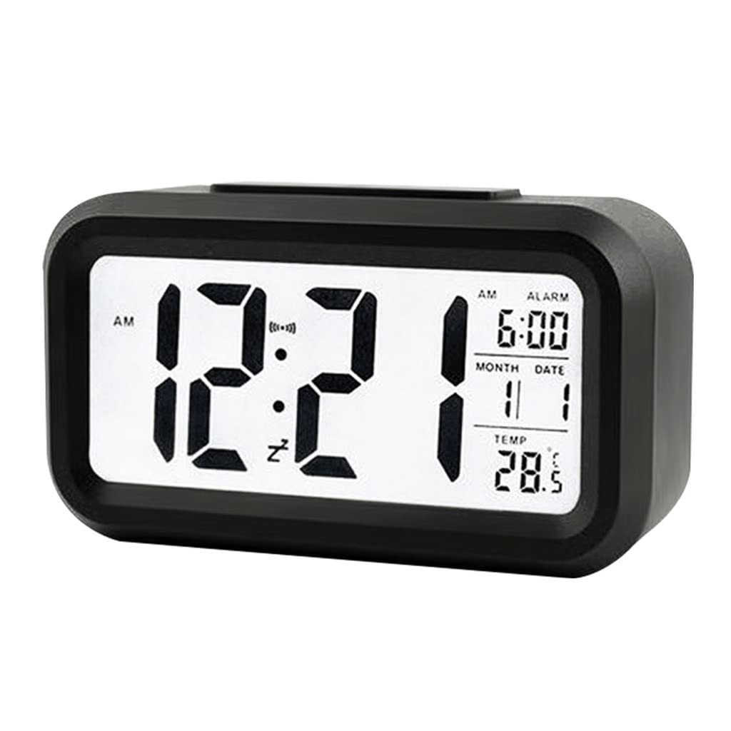 GRETD Smart Digital Alarm Clock with Temperature Display, LED Backlight, Calendar, Snooze & Mute Function - Perfect for Bedroom, Office, Travel (Black)