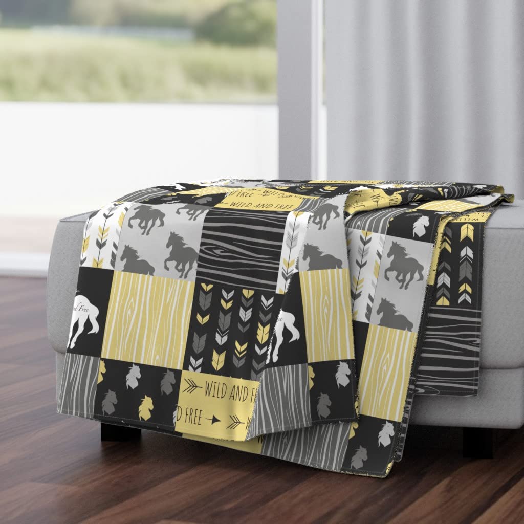 Luxe Velvet Throw Blanket 50x70 Inches - Horse Patchwork Design in Yellow & Black | Gender Neutral Equestrian Decor | Soft Cheater Quilt Top Print Blanket for Bed, Sofa & Nursery
