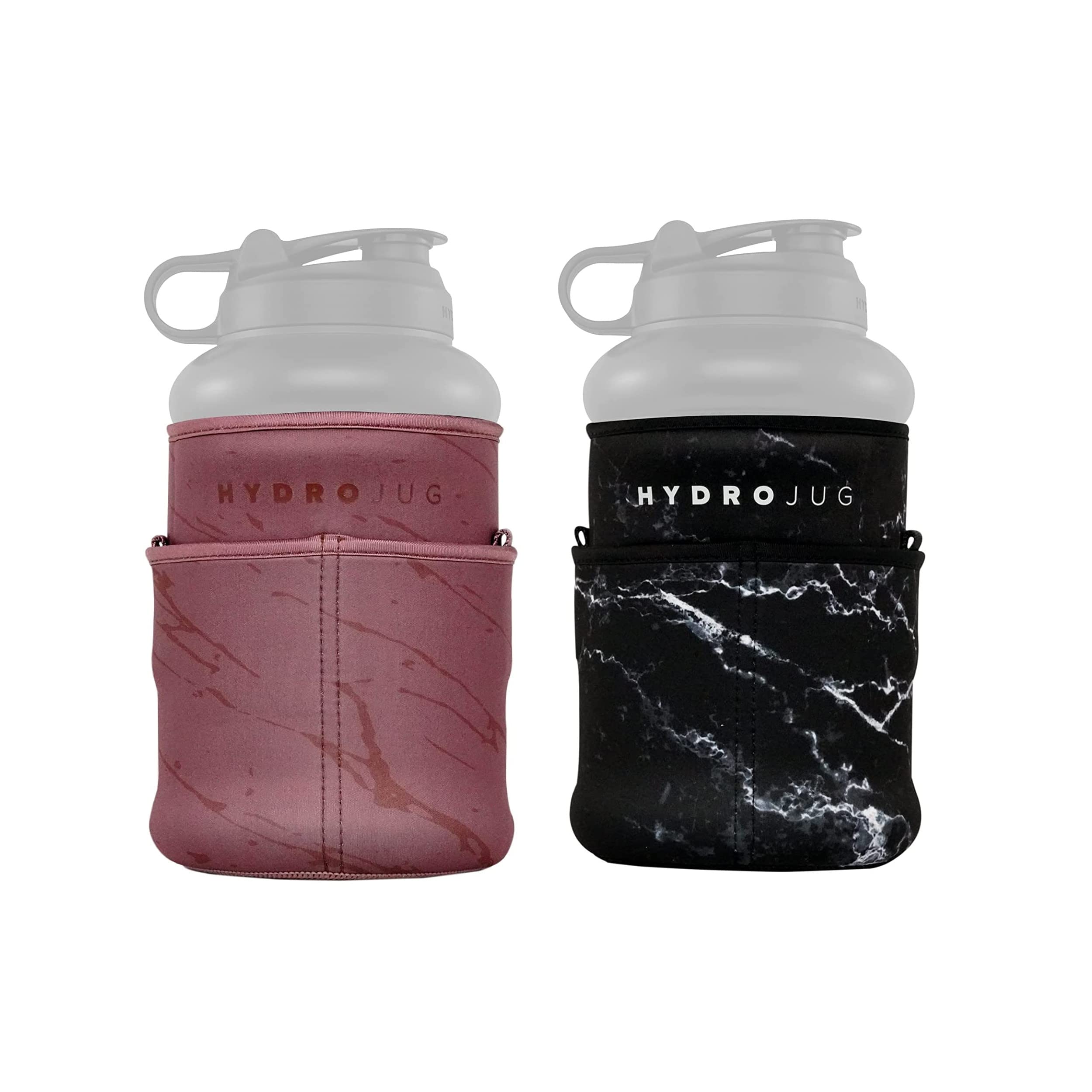 HydroJug Double Sleeve Combo - Premium Neoprene Insulated Water Bottle with Detachable Shoulder Strap & Clip, 2 Large Pockets for Storage (Black Marble + Amber) - Perfect for Gym, Hiking, Workouts & Outdoor Activities
