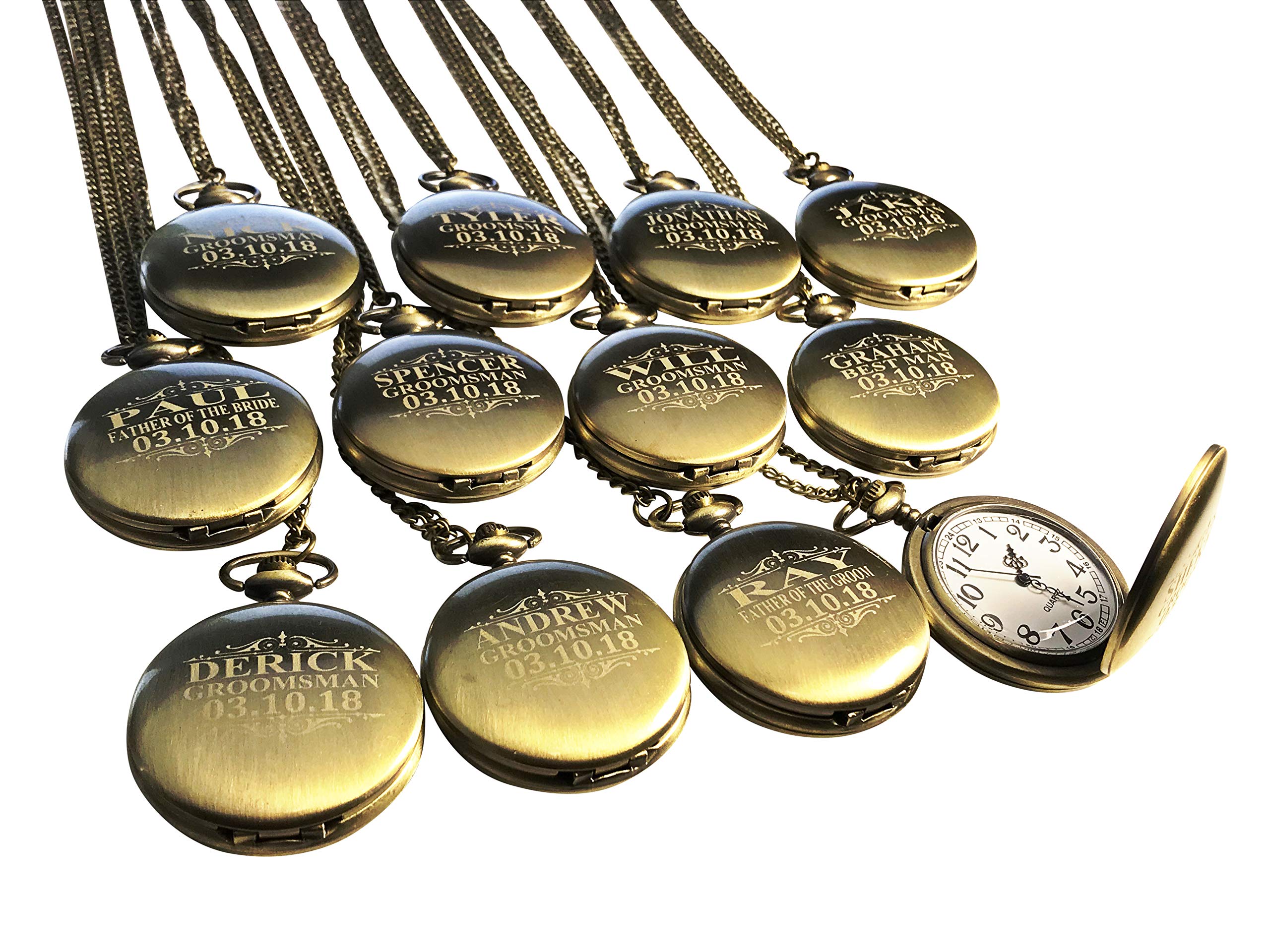 Personalized Engraved Pocket Watches for Men - 10-Piece Set with Chain, Gift Box - Perfect for Groomsmen Wedding Gifts, Anniversary & Special Occasions - Available in 4 Classic Colors (Gold, Silver, Rose Gold, Black)