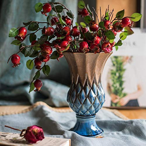 RusticReach Blue & Gold Grid Pattern Glazed Ceramic Vase Set - Elegant Home Decor for Living Room, Dining Table & Wedding Centerpieces
