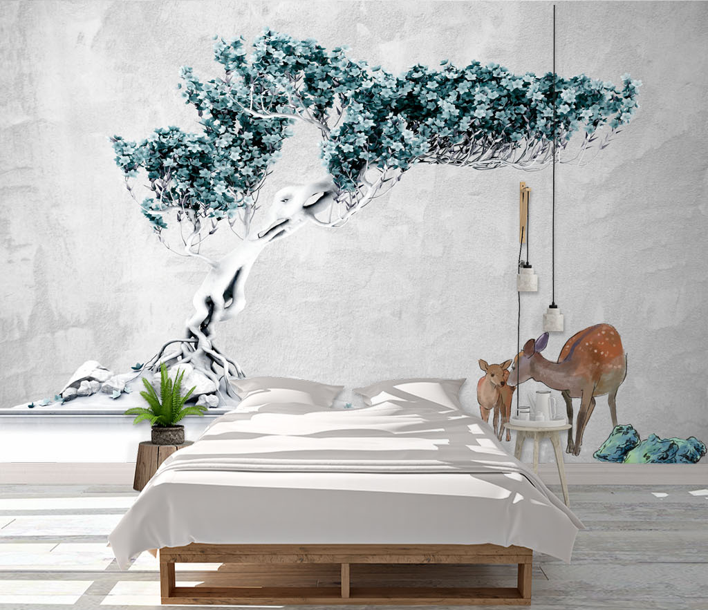 Turquoise 3D Tree Wallpaper Murals - Exquisite Peel & Stick Wall Designs for Living Room, Bedroom & Nursery Decor